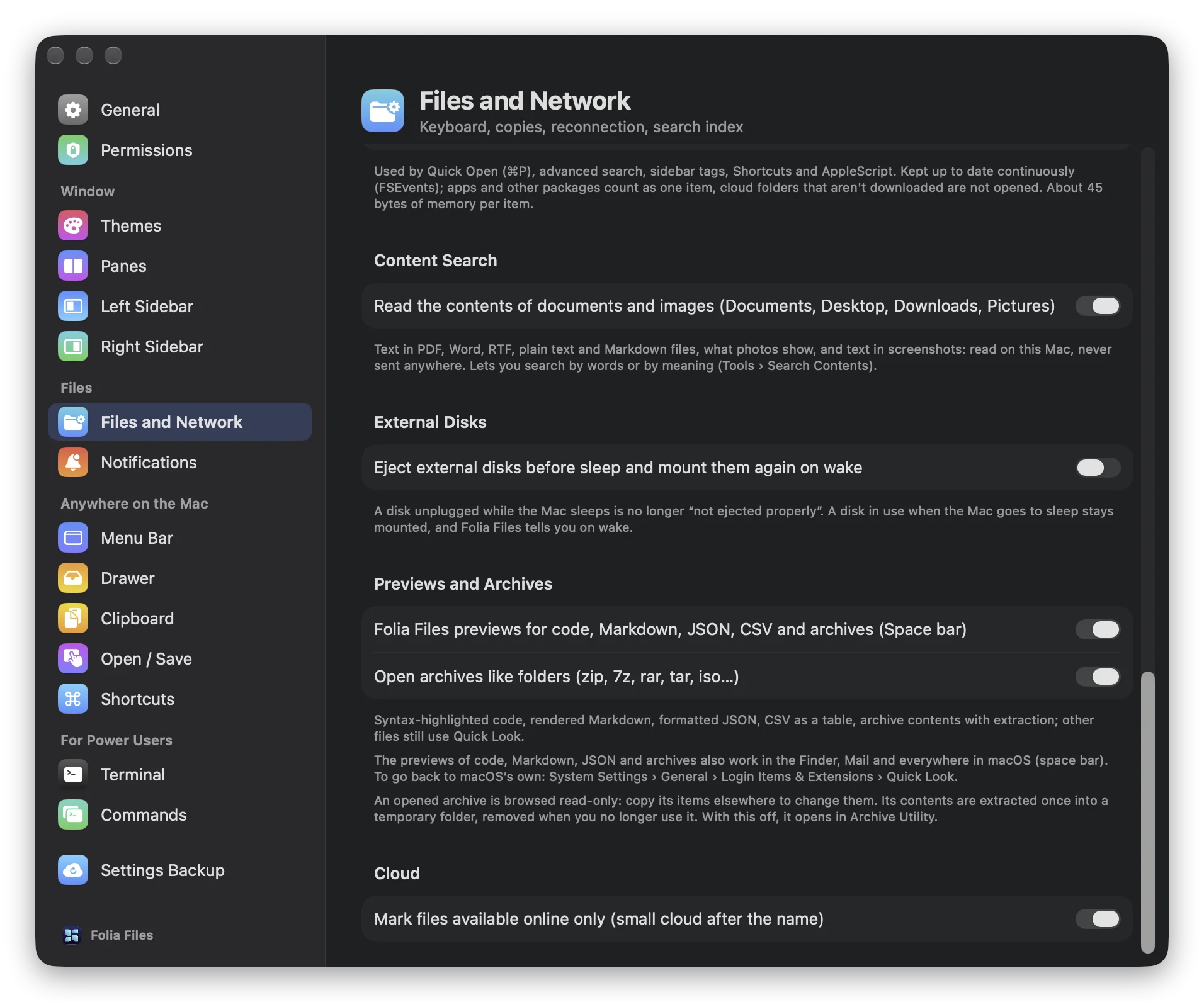 Settings › Files and Network: the switch that opens archives like folders