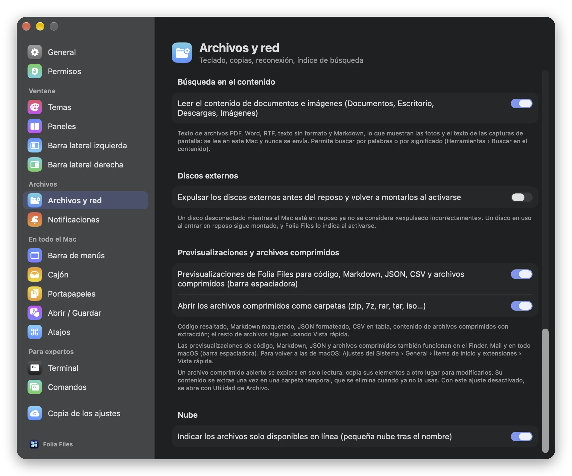 Ajustes › Archivos y red: el interruptor que abre los archivos comprimidos como carpetas