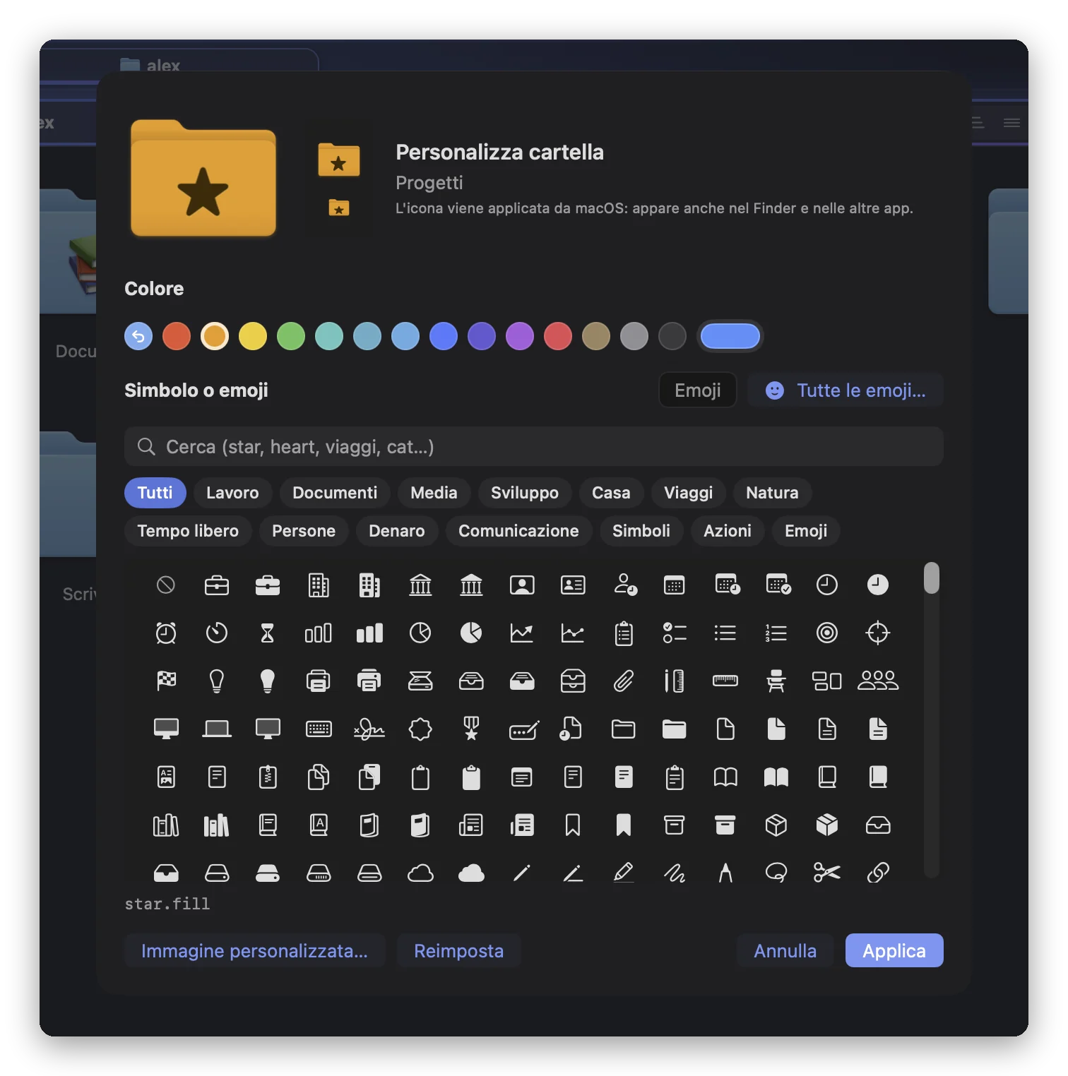 Il foglio Personalizza cartella di Folia Files, aperto su Progetti: la cartella arancione con la stella, in grande e alle dimensioni di un elenco, i colori, la griglia dei simboli con il campo di ricerca e le categorie, e i pulsanti Tutte le emoji…, Immagine personalizzata…, Reimposta e Applica