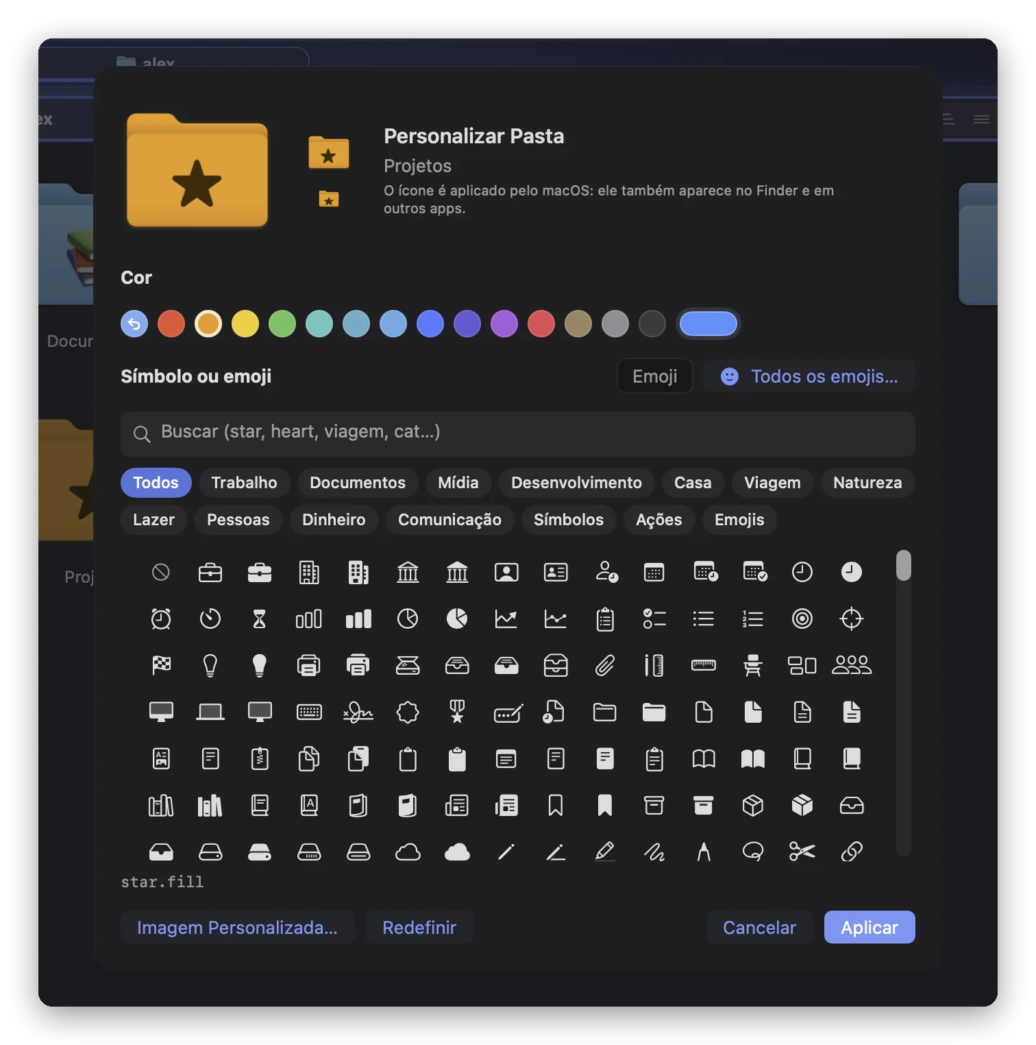 A folha Personalizar Pasta do Folia Files, aberta em Projetos: a pasta laranja com a estrela, em tamanho grande e nos tamanhos de uma lista, as cores, a grade de símbolos com o campo de busca e as categorias, e os botões Todos os emojis…, Imagem Personalizada…, Redefinir e Aplicar