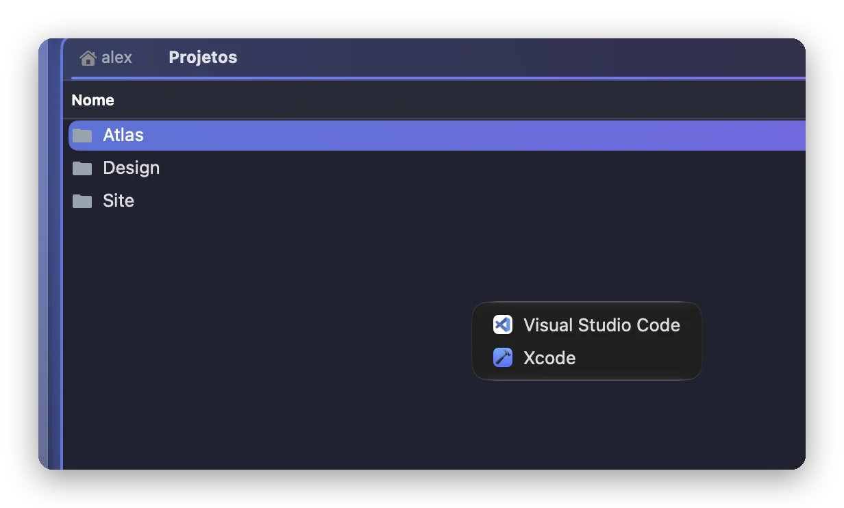 O submenu “Abrir no Editor” da pasta Atlas no Folia Files, mostrado sozinho: os editores de código instalados no Mac