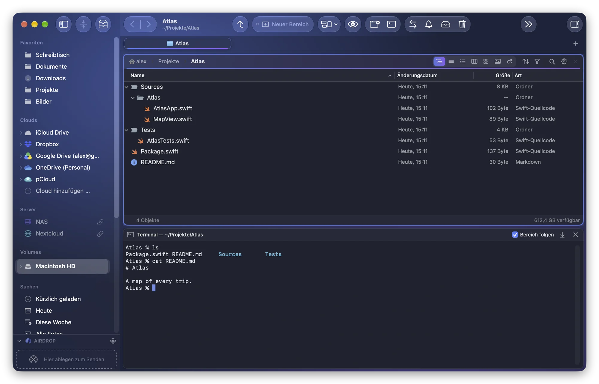 Folia Files mit dem Projekt Atlas in einem Bereich und darunter dem integrierten Terminal im selben Ordner, „Bereich folgen“ aktiviert