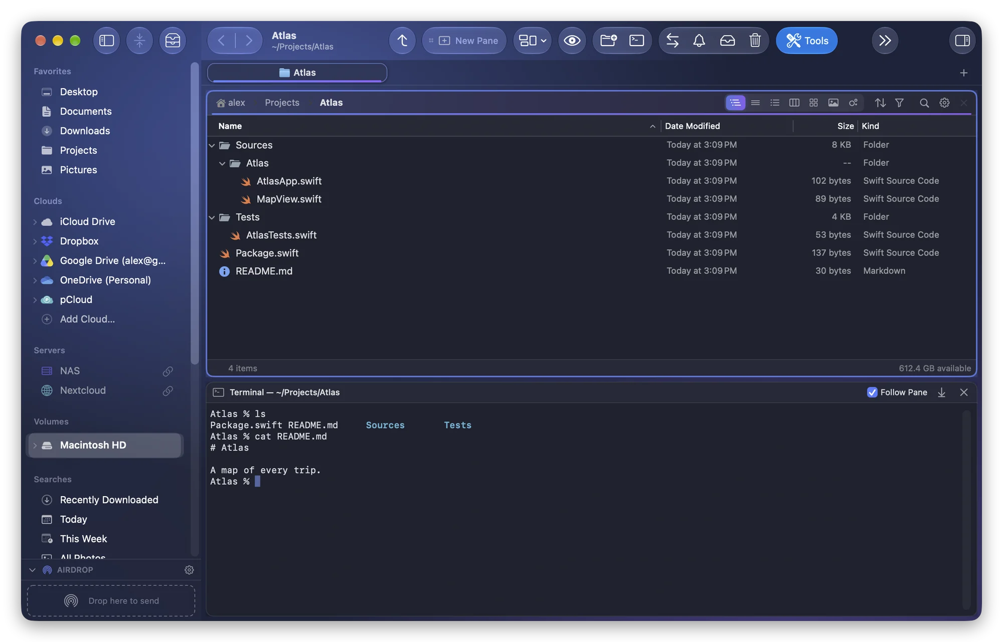 Folia Files with the Atlas project in a pane and, under it, the built-in terminal in the same folder, Follow Pane ticked