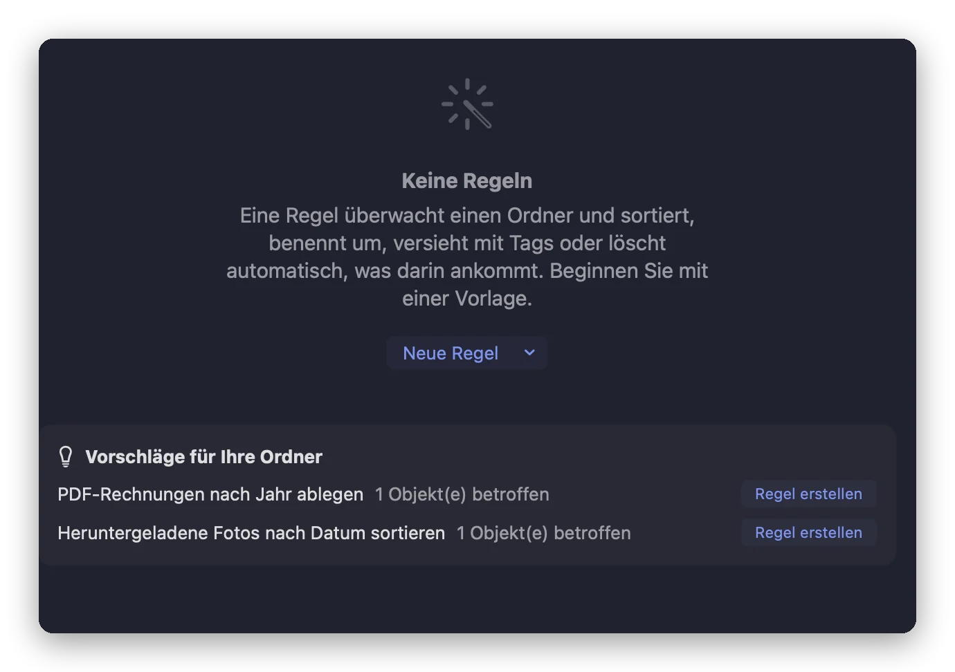 Das Werkzeug „Automatische Regeln“ in Folia Files vor der ersten Regel: die Schaltfläche „Neue Regel“ und zwei Vorschläge für Ihre Ordner mit der Zahl der betroffenen Objekte