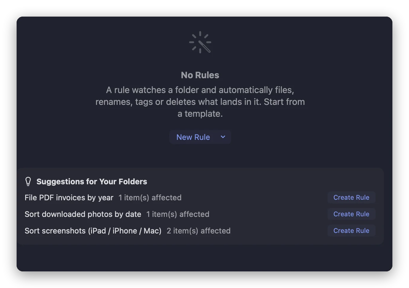 The Automatic Rules tool in Folia Files before the first rule: the New Rule button and three Suggestions for Your Folders, each with the number of items it would handle