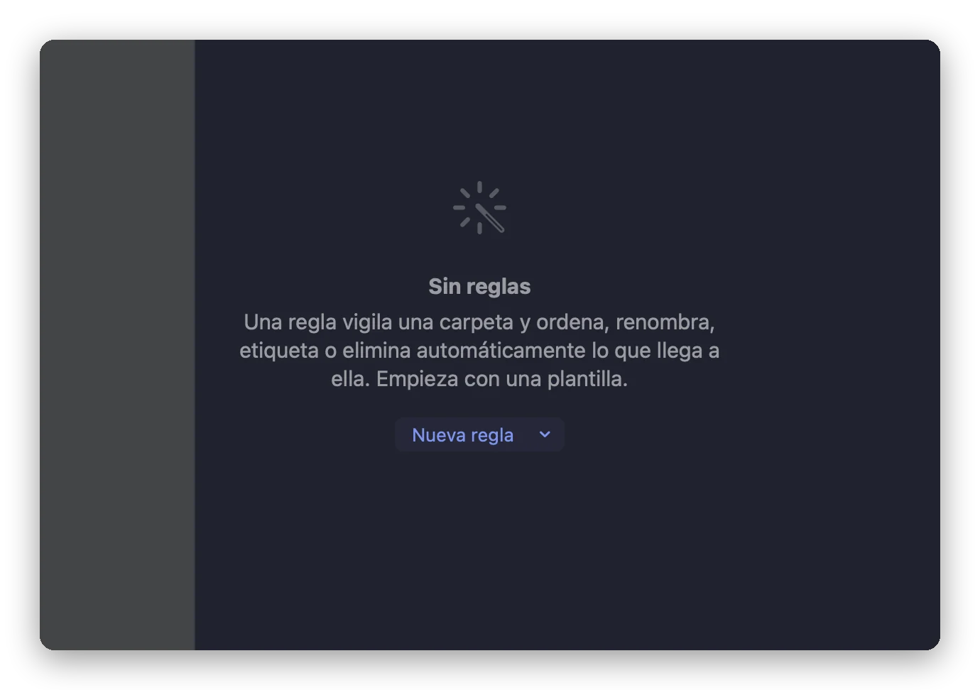La herramienta Reglas automáticas de Folia Files antes de la primera regla: la lista de reglas, todavía vacía, y el botón Nueva regla