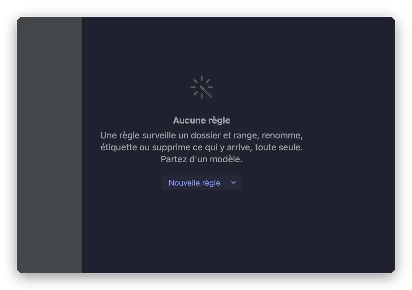 L’outil Règles automatiques de Folia Files avant la première règle : la liste des règles, encore vide, et le bouton Nouvelle règle