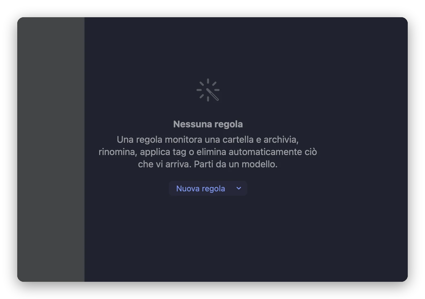 Lo strumento Regole automatiche di Folia Files prima della prima regola: l’elenco delle regole, ancora vuoto, e il pulsante Nuova regola