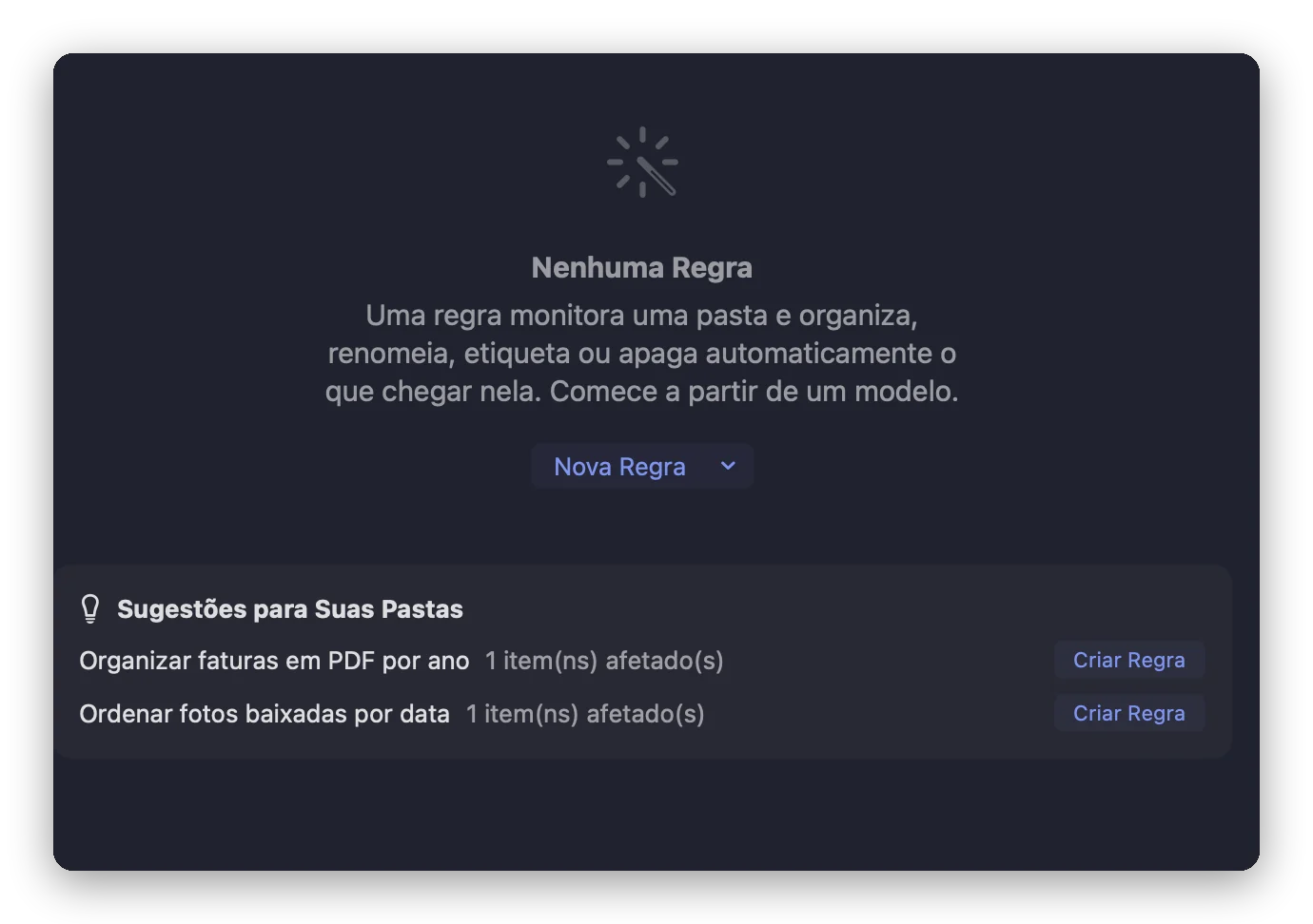 A ferramenta Regras Automáticas do Folia Files antes da primeira regra: o botão Nova Regra e duas Sugestões para Suas Pastas, com o número de itens afetados