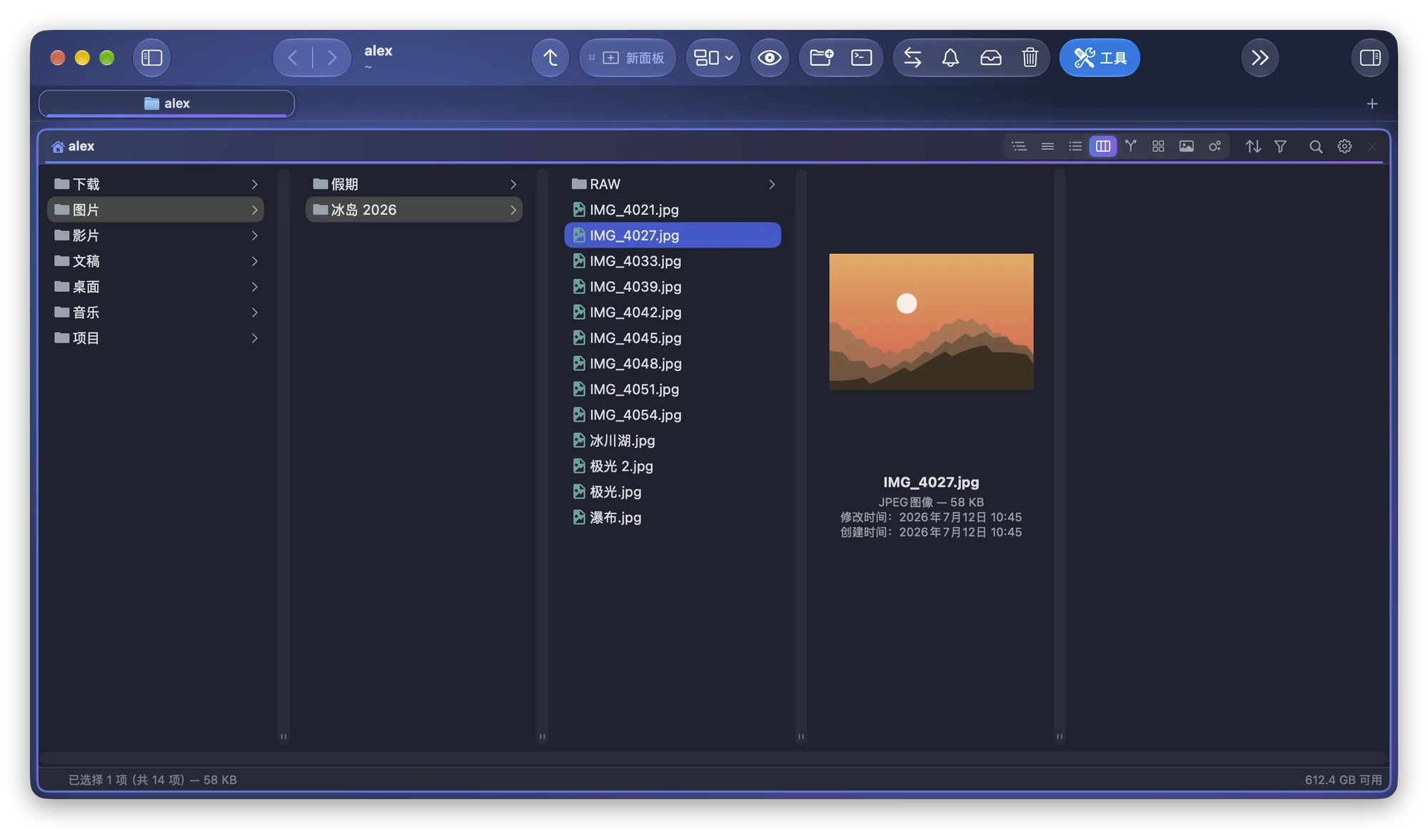 Folia Files 的分栏显示方式中的同一个个人文件夹：先是图片，再是冰岛 2026，最后一栏预览一张照片，一次只显示一条路径