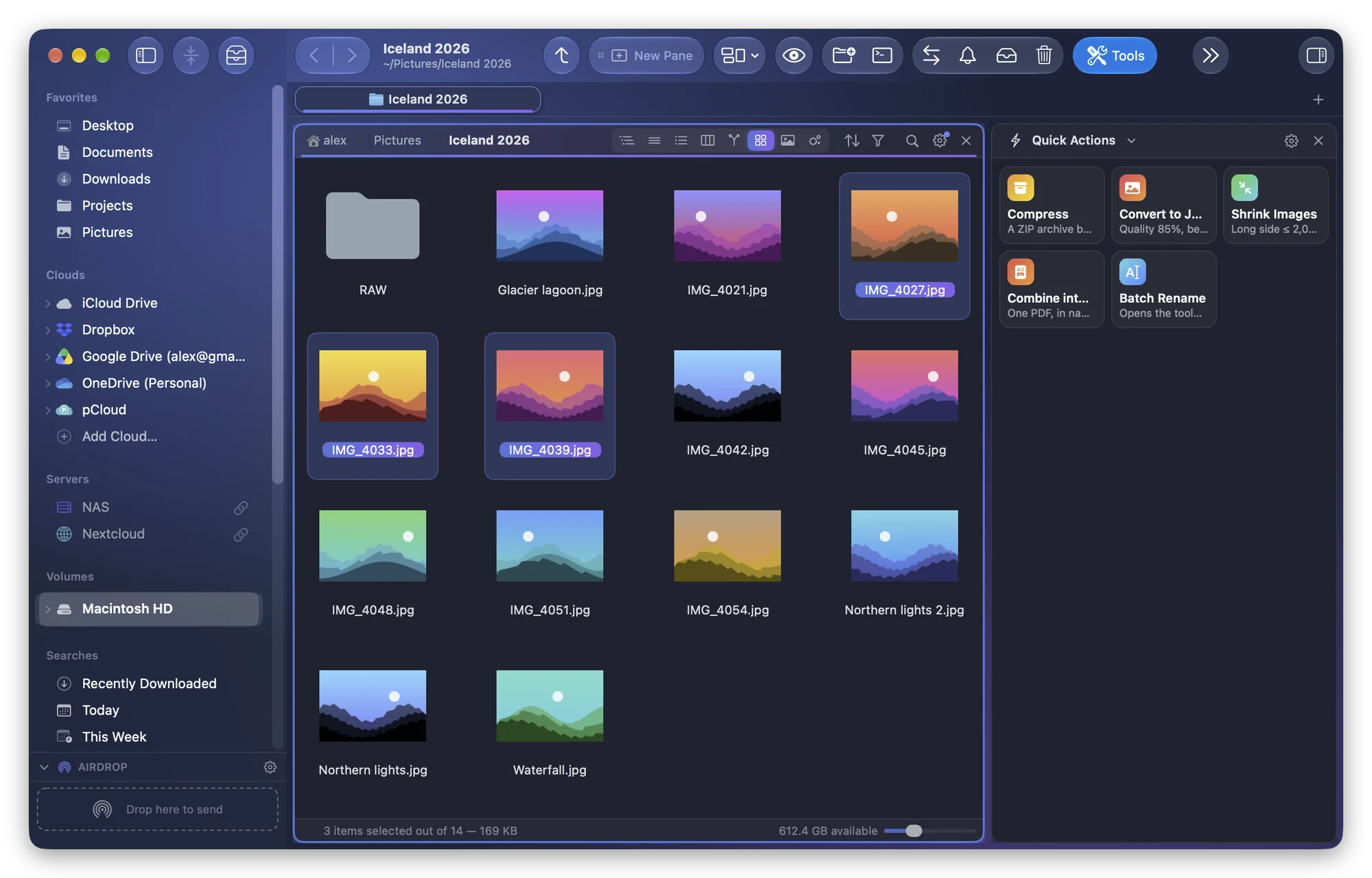 Folia Files with the trip photos selected and, beside them, a pane showing the Quick Actions module with its Convert to JPEG and Shrink Images tiles