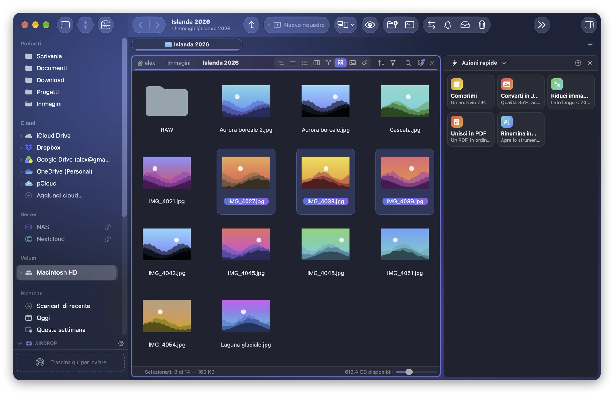 Folia Files con le foto del viaggio selezionate e, accanto, un riquadro con il modulo Azioni rapide e le sue tessere Converti in JPEG e Riduci immagini