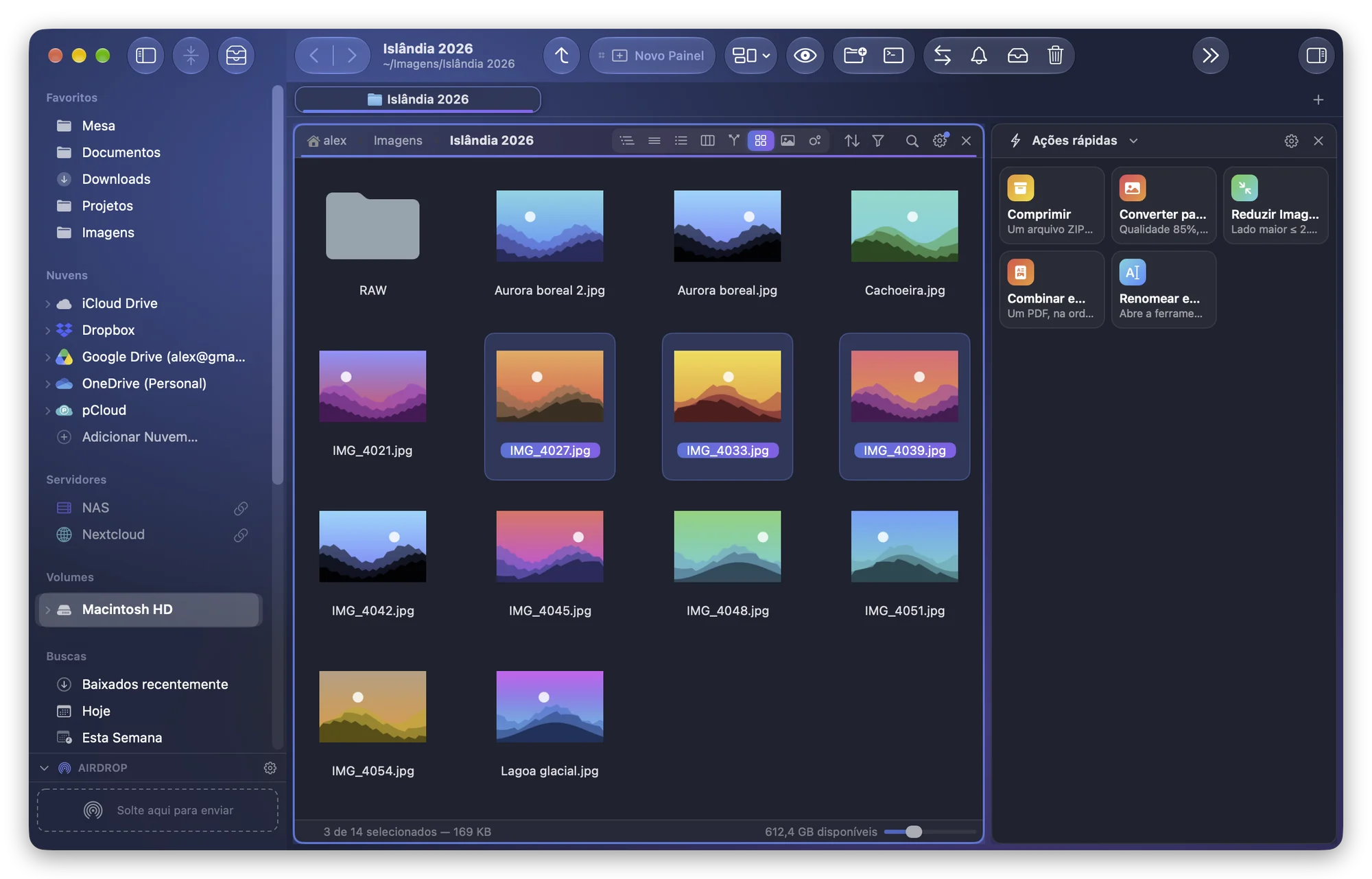 Folia Files com as fotos da viagem selecionadas e, ao lado, um painel com o módulo Ações rápidas e os blocos Converter para JPEG e Reduzir Imagens