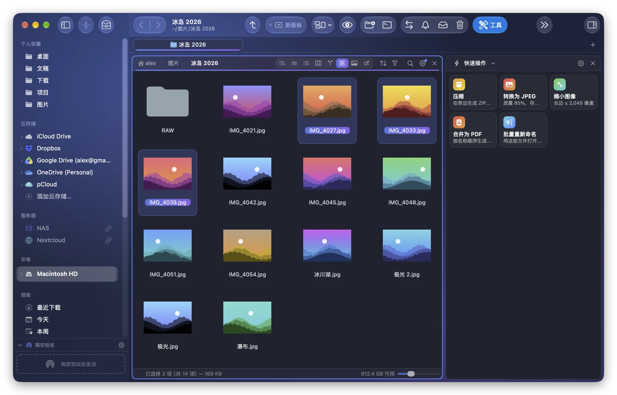 选中旅行照片的 Folia Files,旁边的面板显示快速操作模块及其“转换为 JPEG”和“缩小图像”磁贴