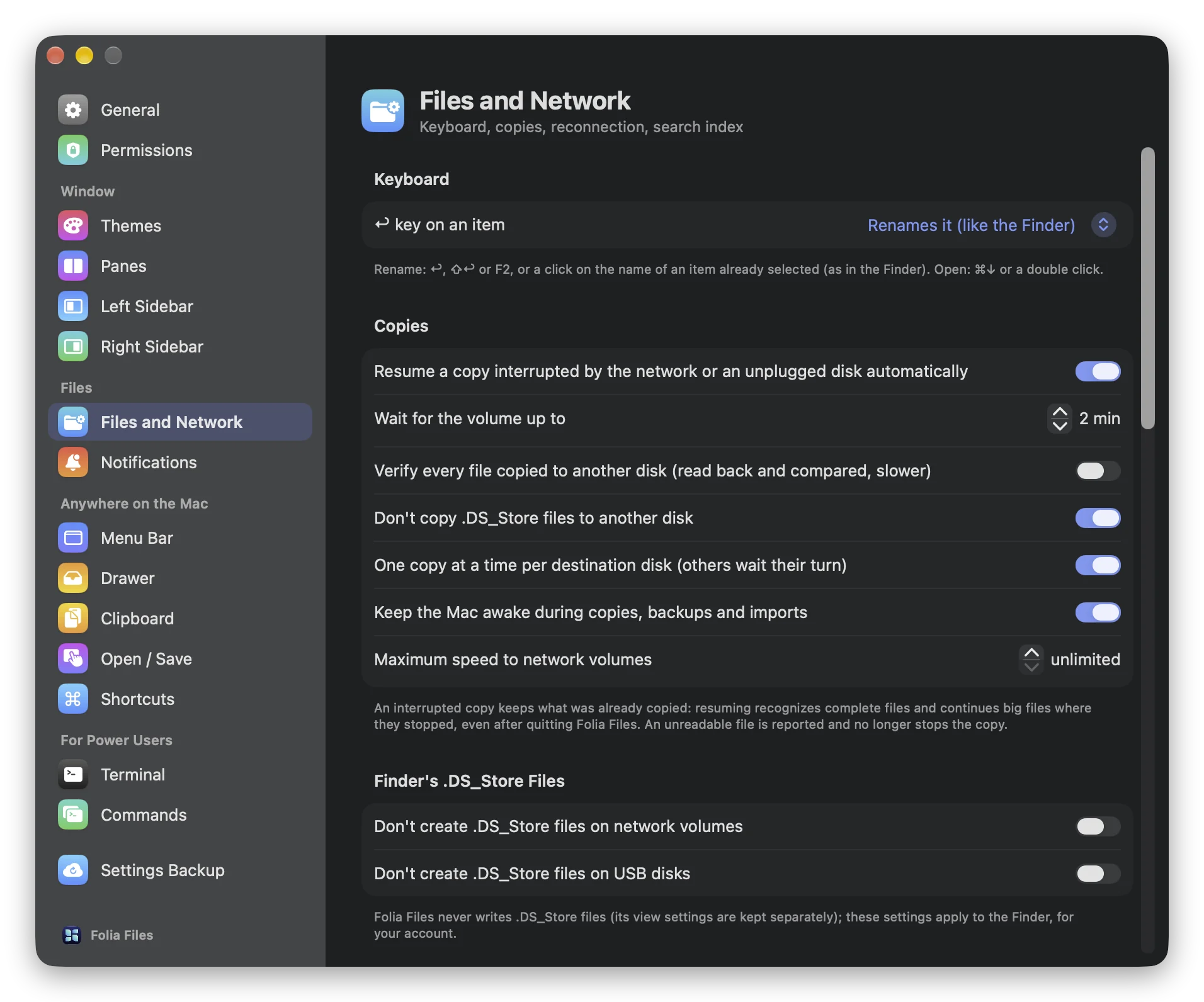 Settings › Files and Network in Folia Files, with the Copies section