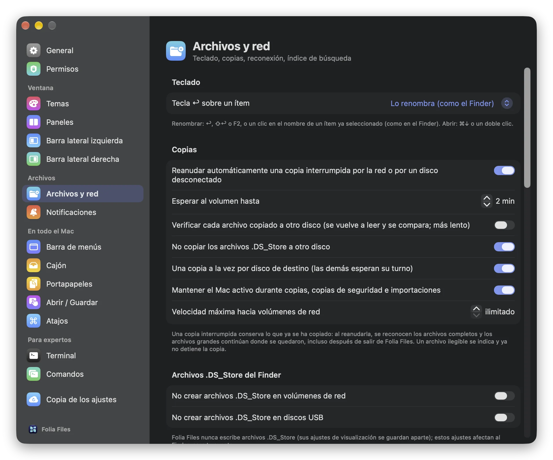 Ajustes › Archivos y red en Folia Files, con la sección Copias