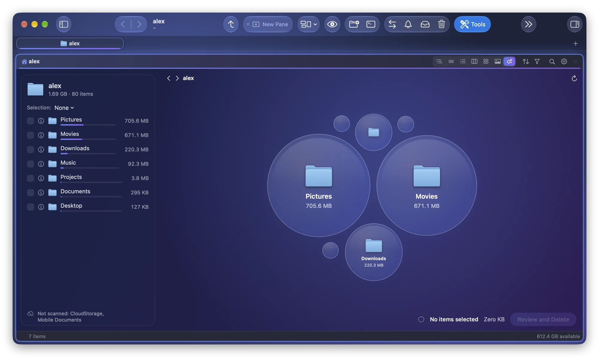 The home folder in Folia Files' Disk Usage view: Pictures and Movies as the biggest bubbles