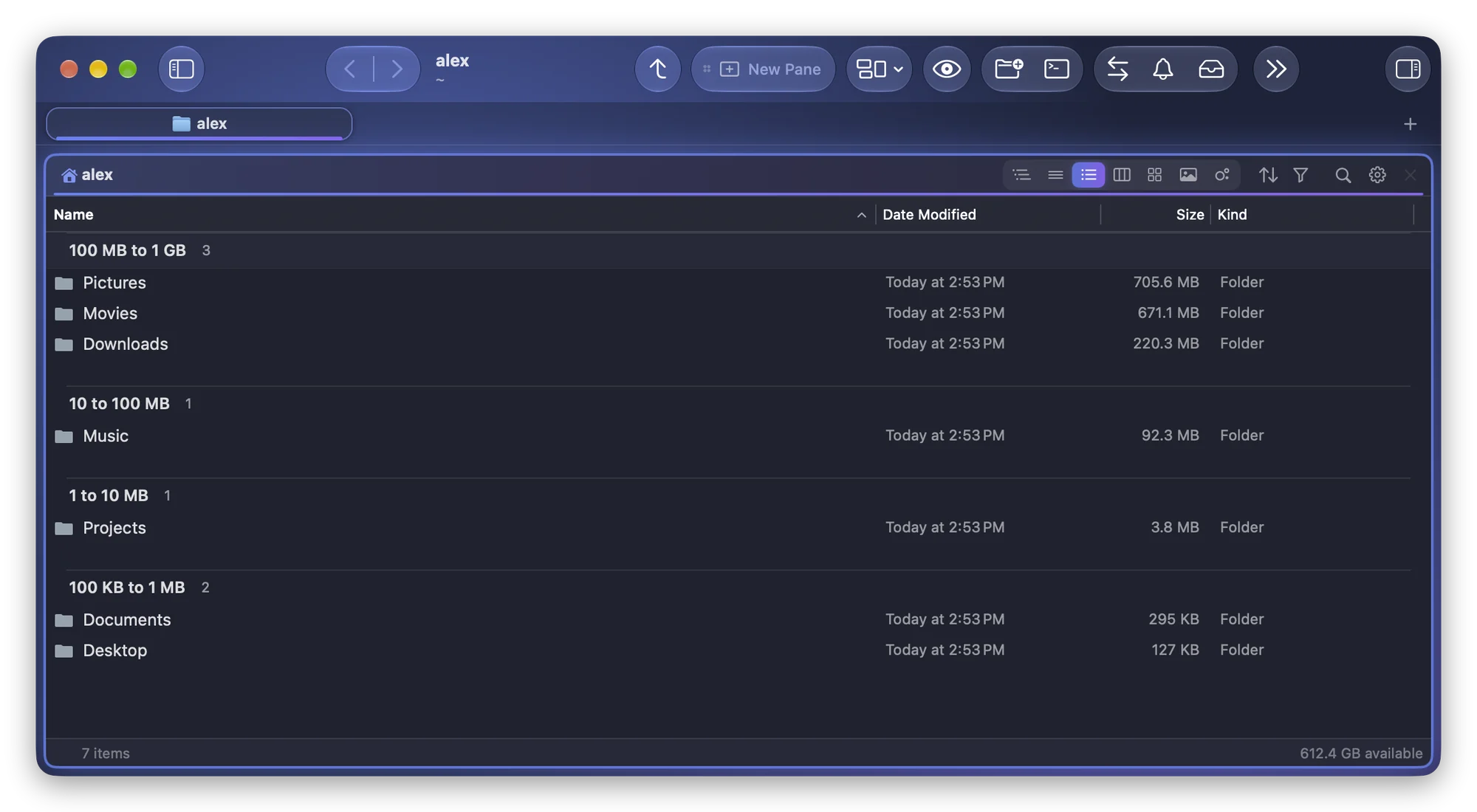 The same home folder grouped by size in Folia Files: Pictures, Movies and Downloads under 100 MB to 1 GB, Music under 10 to 100 MB
