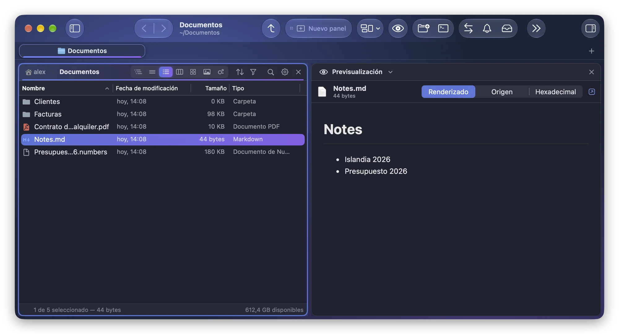 El módulo Previsualización de Folia Files muestra Notes.md renderizado, con un título y una lista con viñetas, bajo los botones Renderizado, Origen y Hexadecimal