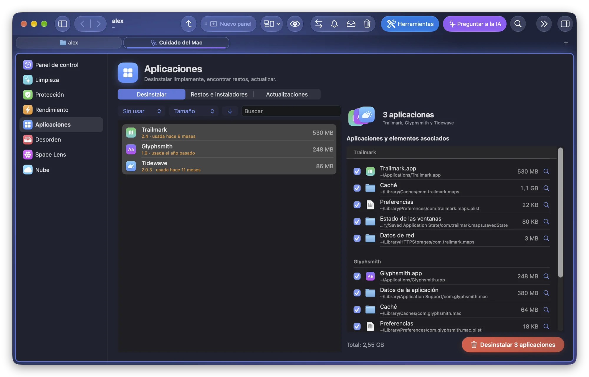 El filtro Sin usar, tres apps seleccionadas juntas y el botón Desinstalar 3 aplicaciones