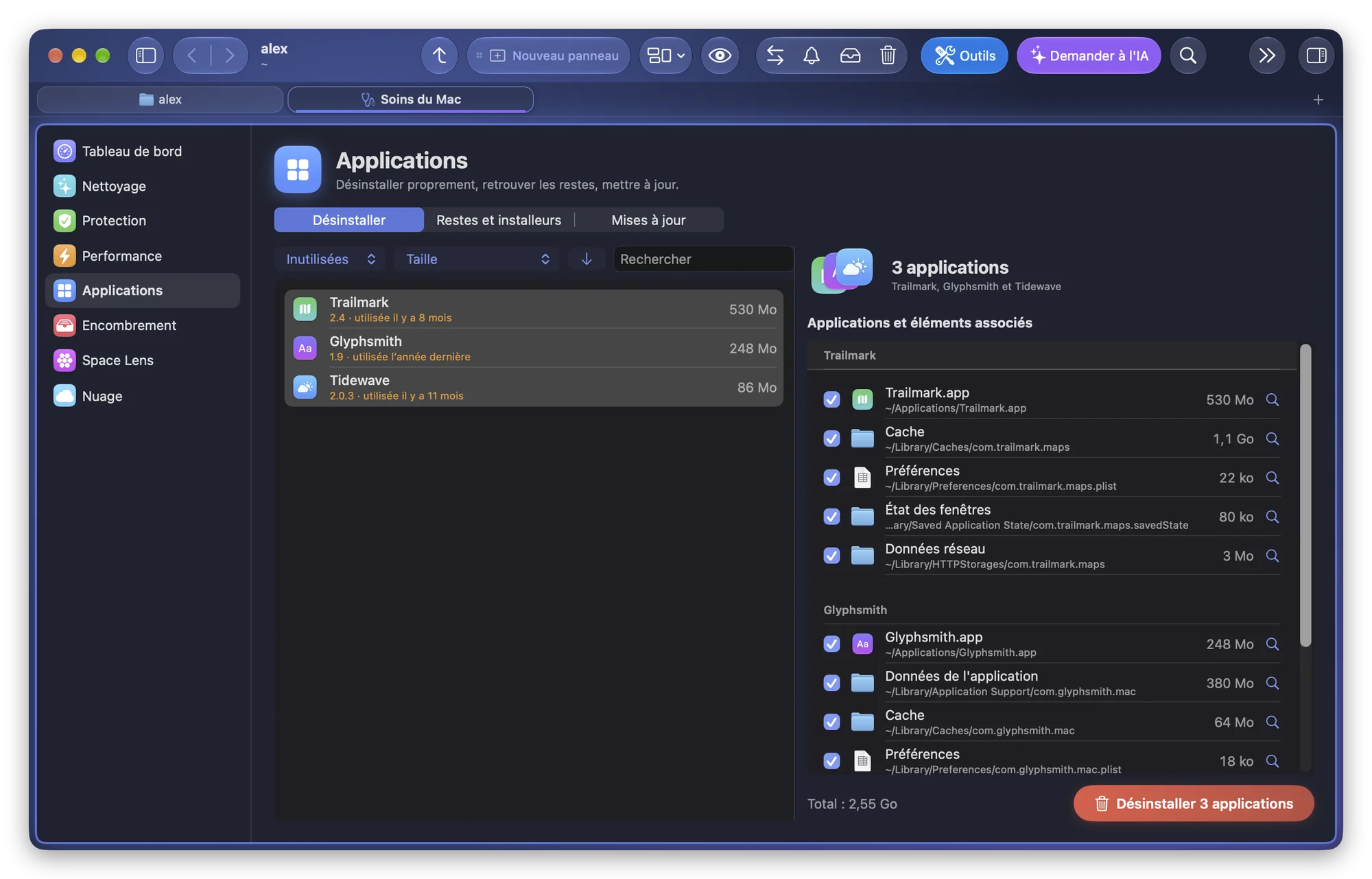 Le filtre Inutilisées, trois apps choisies ensemble et le bouton Désinstaller 3 applications