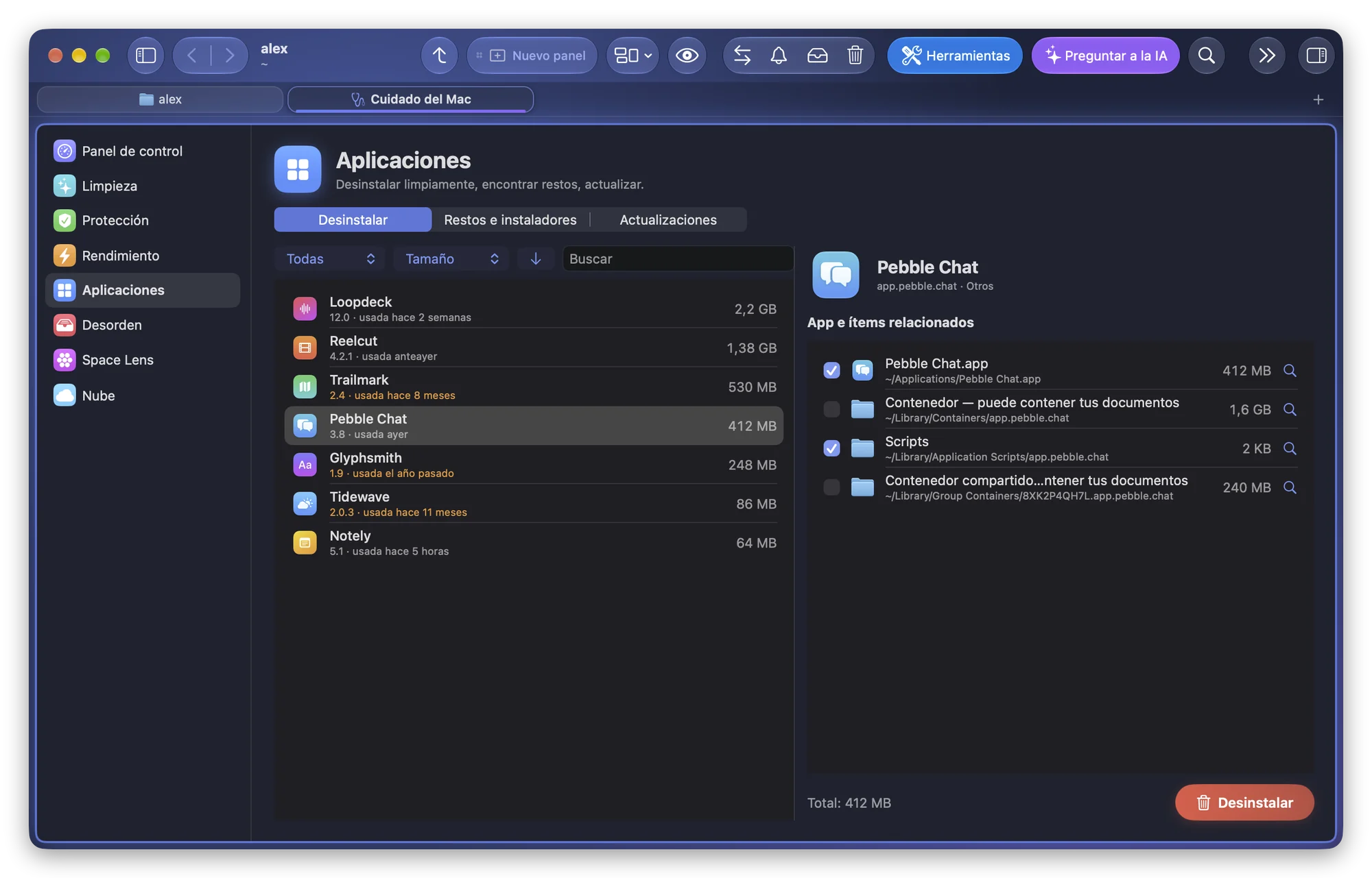El contenedor y el contenedor compartido de Pebble Chat, con la nota «puede contener tus documentos» y sin marcar