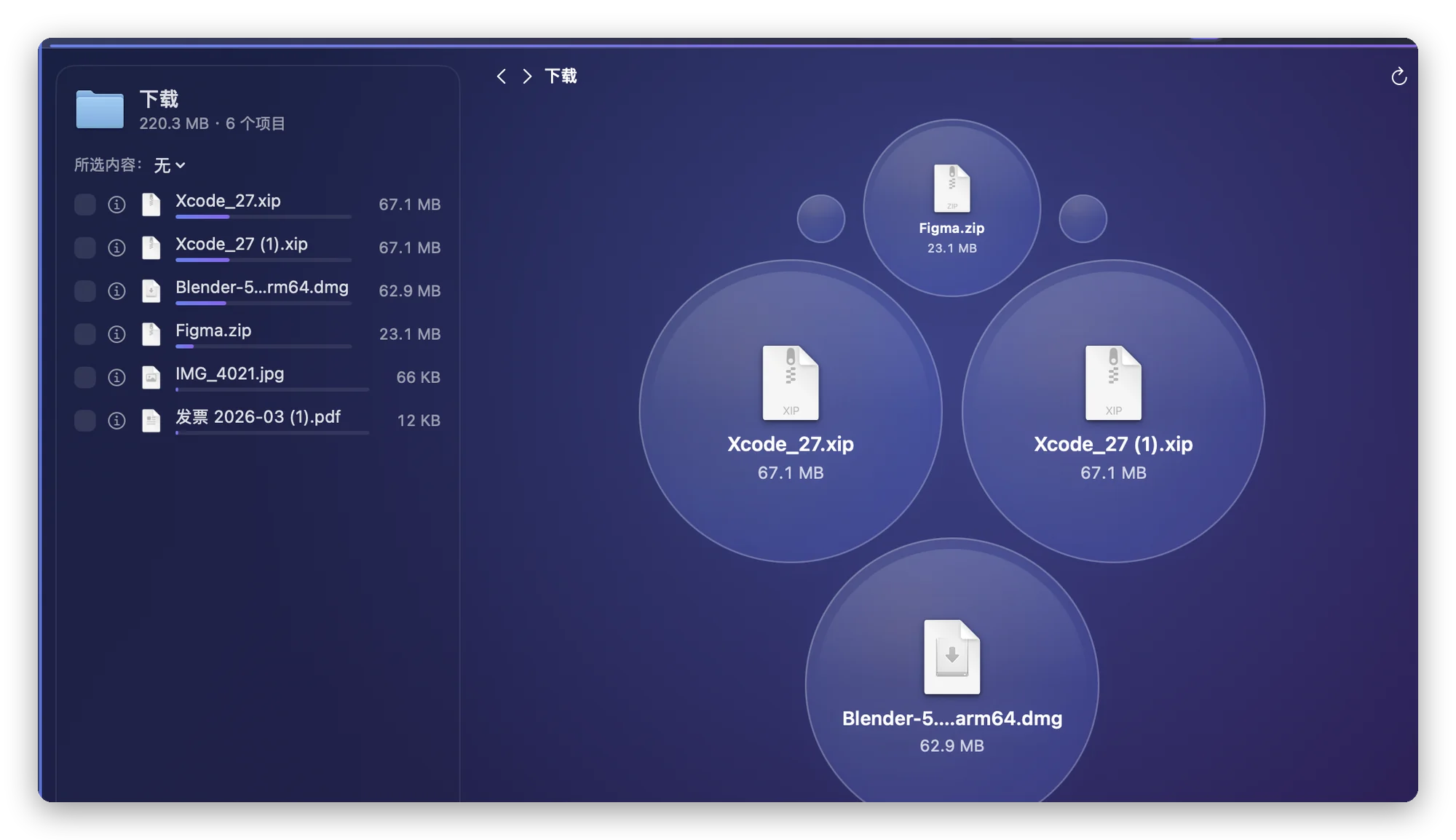 Space Lens 中的“下载”文件夹:同一归档的两个副本和一个磁盘映像格外显眼