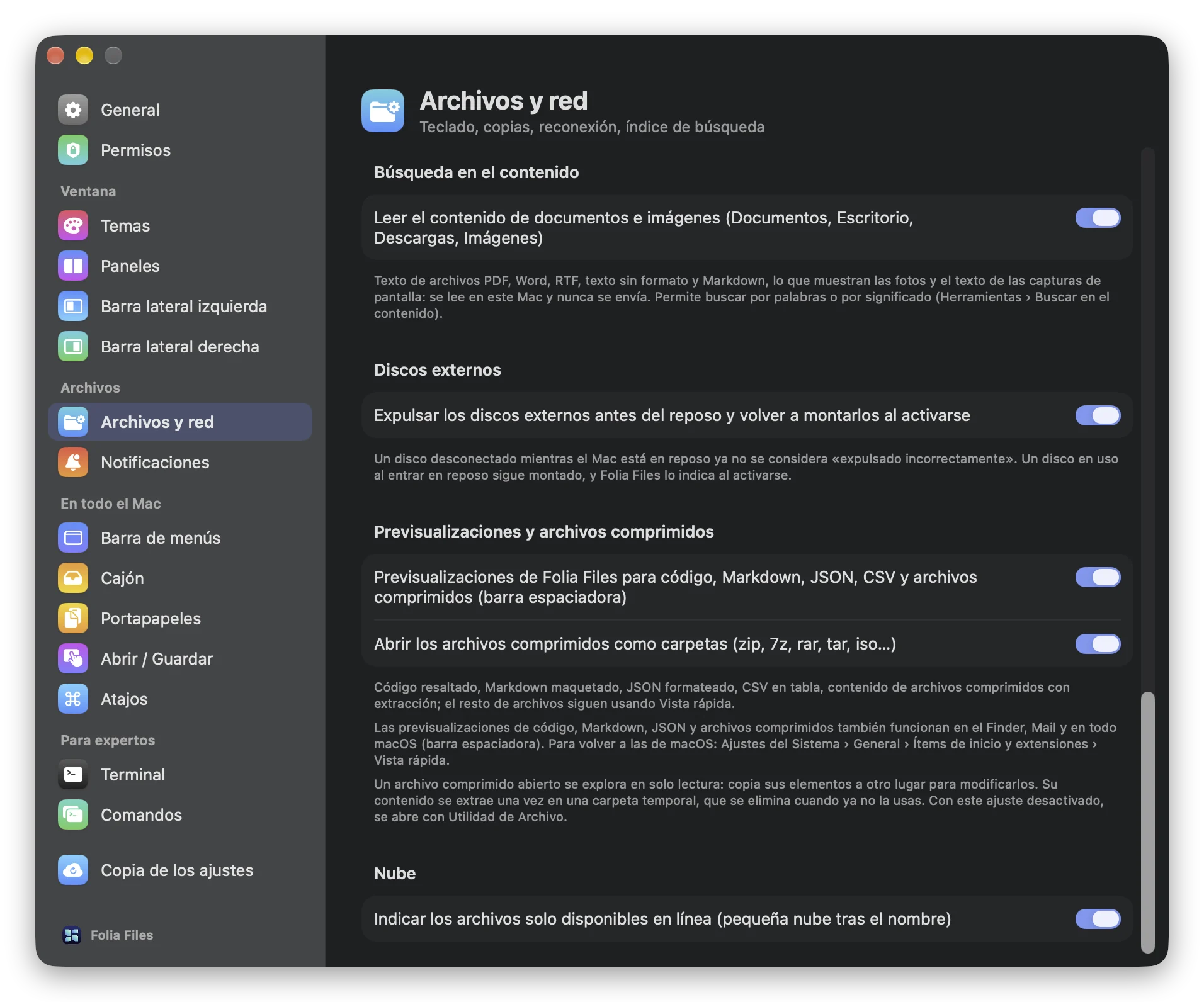 Ajustes › Archivos y red › Discos externos: expulsar los discos externos antes del reposo y montarlos de nuevo al despertar
