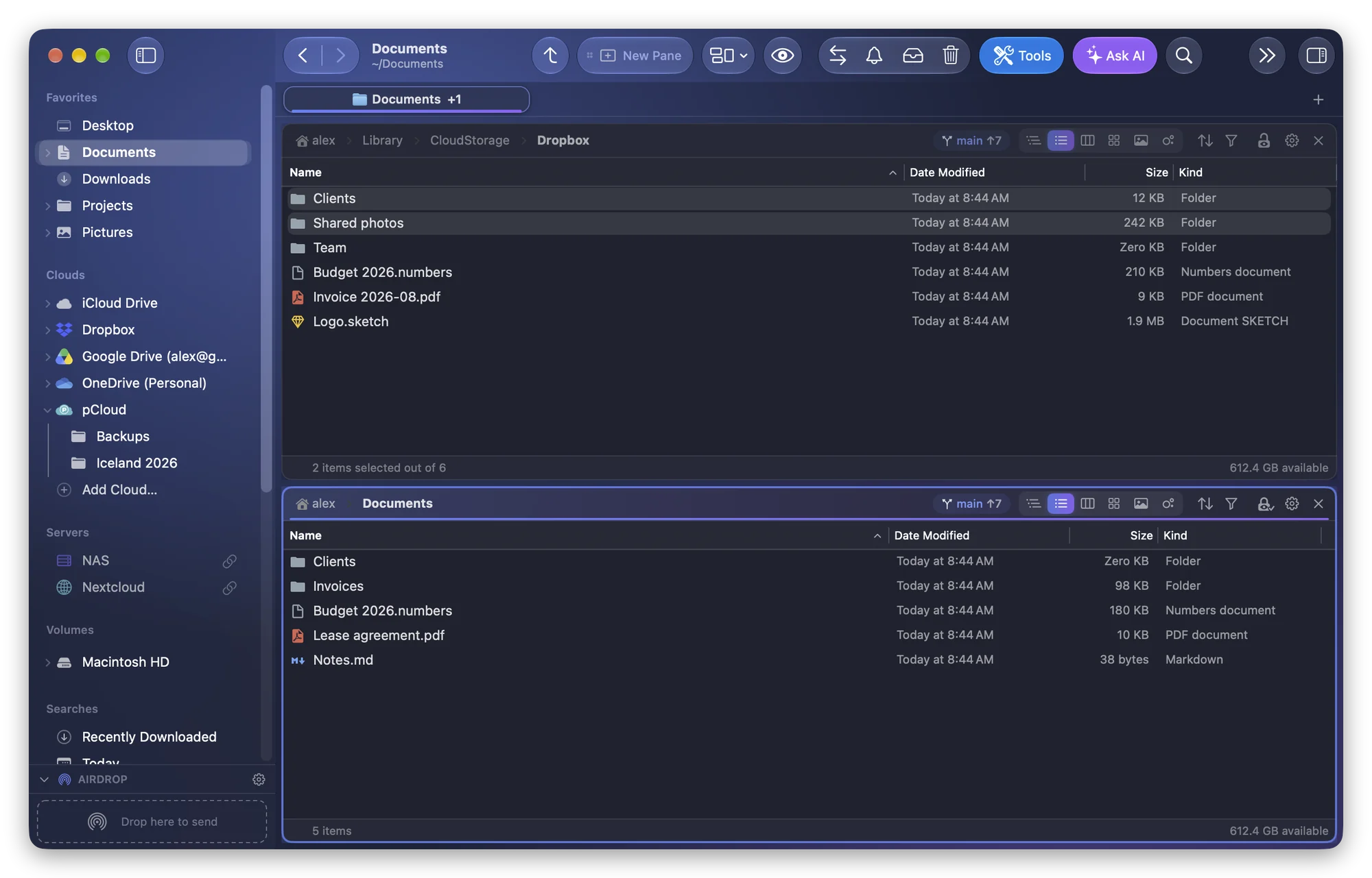 A Dropbox folder above the local Documents folder, in two panes of the same Folia Files window