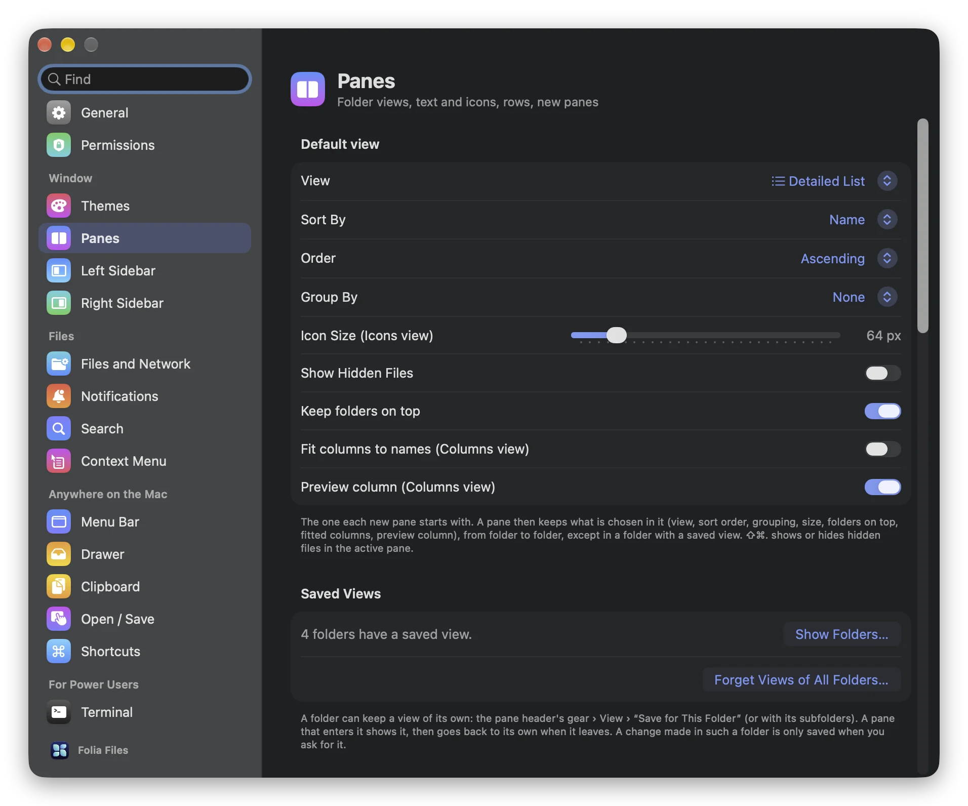 Folia Files Settings, Panes page: the Default view section with the Fit columns to names (Columns view) and Preview column (Columns view) checkboxes