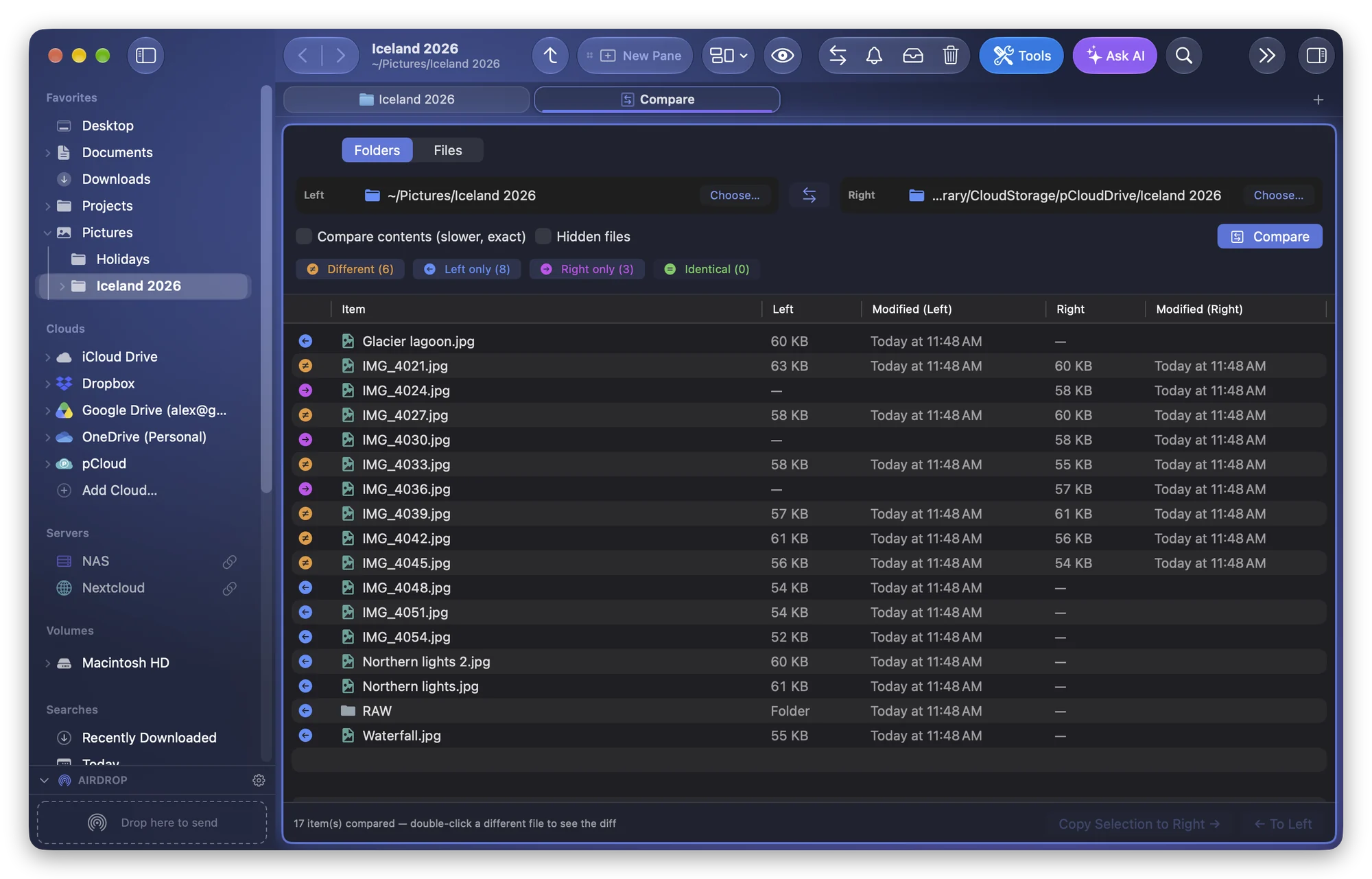 The Compare tool showing the differences between two folders