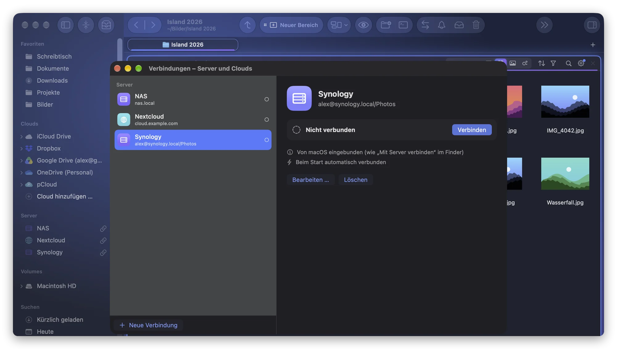 Die Seitenleiste von Folia Files mit drei gesicherten Servern, NAS, Nextcloud und Synology, jeweils mit Taste zum Verbinden, und das Fenster „Verbindungen“ mit Synology: nicht verbunden, von macOS eingebunden wie mit „Mit Server verbinden“ im Finder, beim Start automatisch verbunden