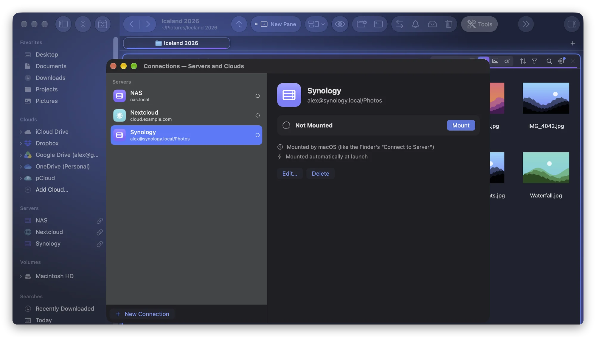 The Folia Files sidebar with three saved servers, NAS, Nextcloud and Synology, each with its Mount button, and the Connections window showing Synology: not mounted, mounted by macOS like the Finder's Connect to Server, mounted automatically at launch