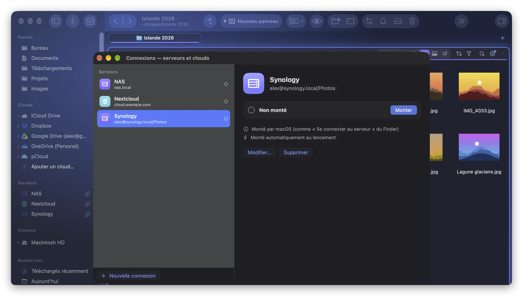 La barre latérale de Folia Files avec trois serveurs enregistrés, NAS, Nextcloud et Synology, chacun avec son bouton Monter, et la fenêtre Connexions sur Synology : non monté, monté par macOS comme « Se connecter au serveur » du Finder, monté automatiquement au lancement
