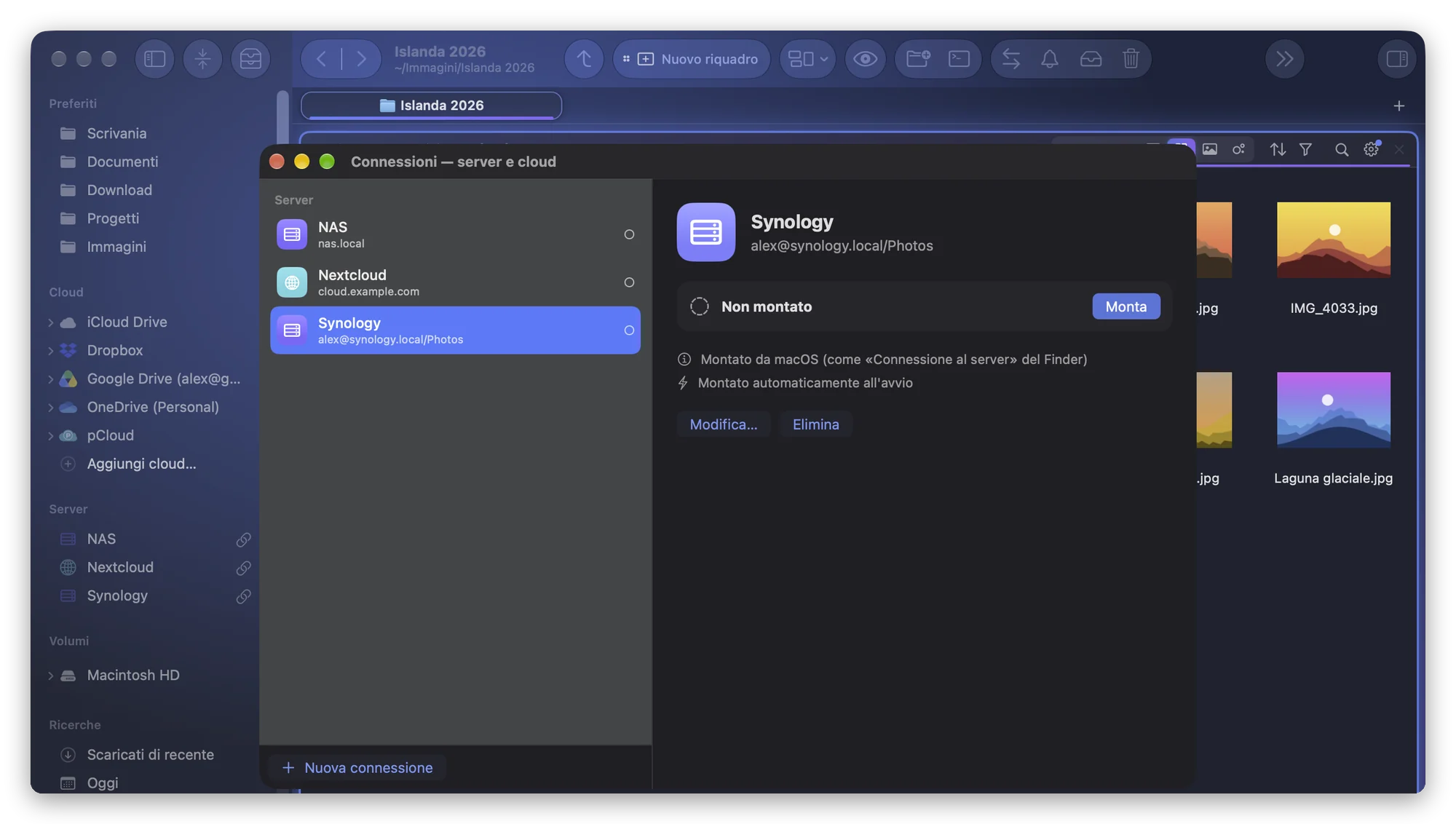 La barra laterale di Folia Files con tre server salvati, NAS, Nextcloud e Synology, ognuno con il suo pulsante Monta, e la finestra Connessioni su Synology: non montato, montato da macOS come «Connessione al server» del Finder, montato automaticamente all’avvio