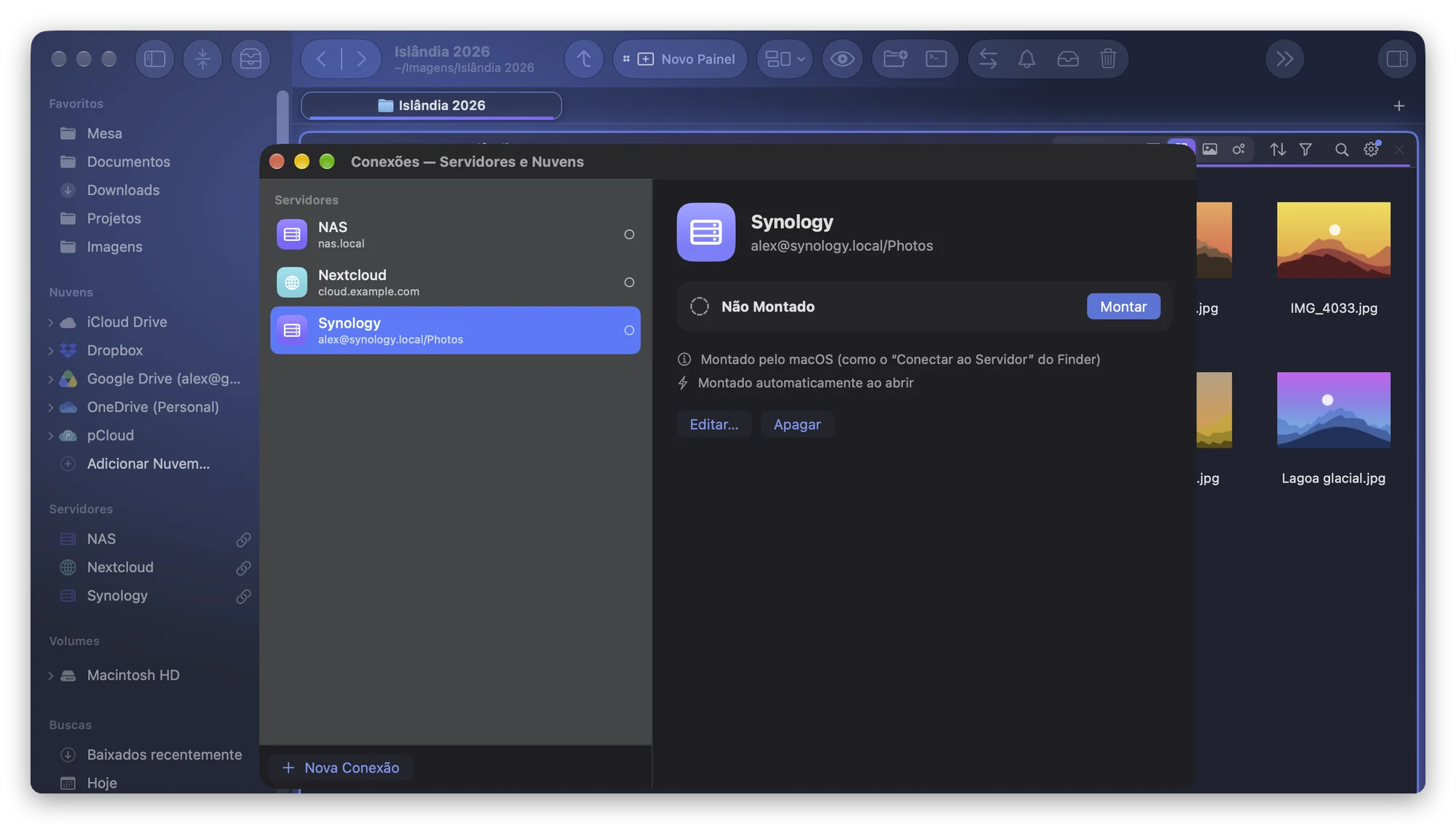 A barra lateral do Folia Files com três servidores salvos, NAS, Nextcloud e Synology, cada um com seu botão Montar, e a janela Conexões mostrando Synology: não montado, montado pelo macOS como o Conectar ao Servidor do Finder, montado automaticamente ao abrir