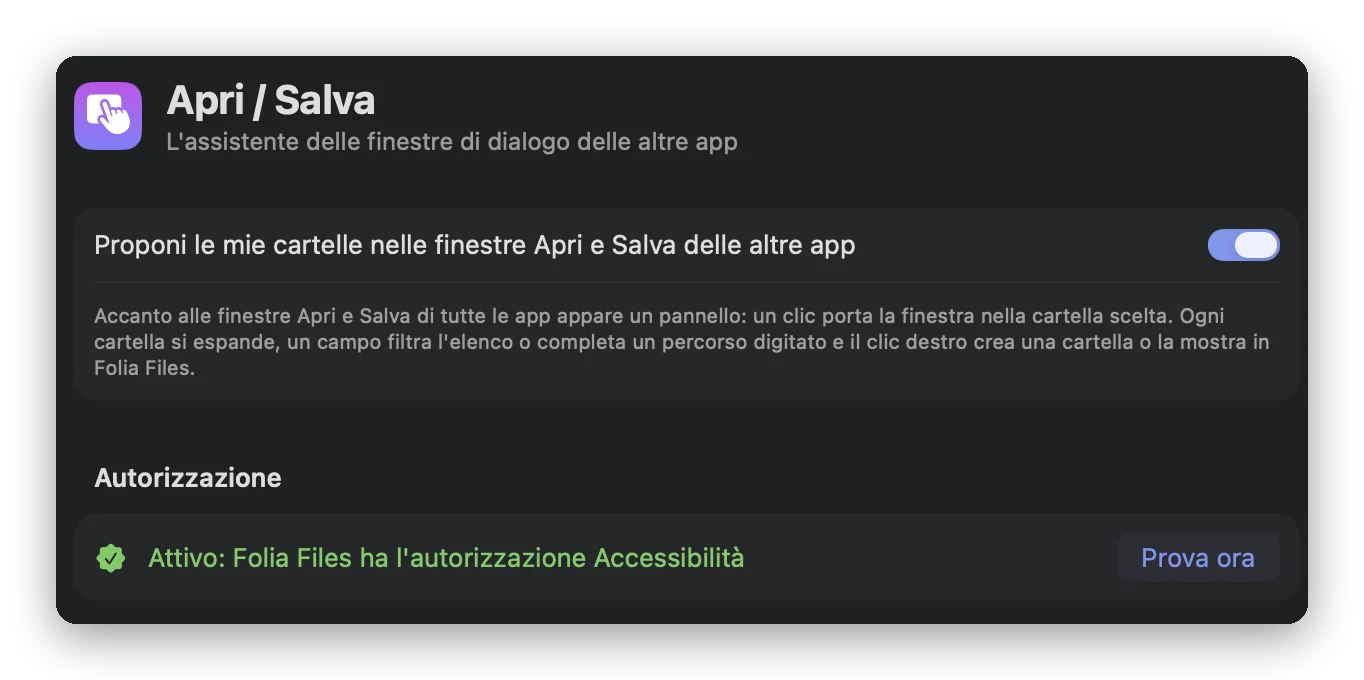 Impostazioni › Apri / Salva in Folia Files: l'interruttore che attiva l'assistente e l'autorizzazione Accessibilità con «Prova ora»