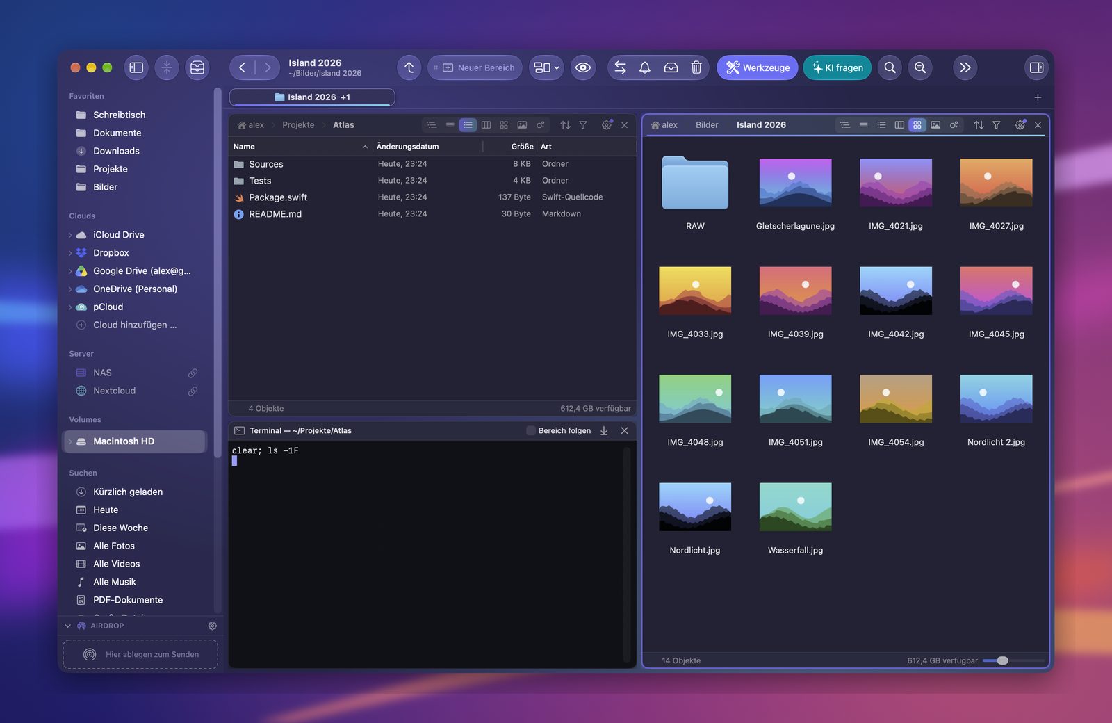 Ein Terminal unter einem Bereich in Folia Files
