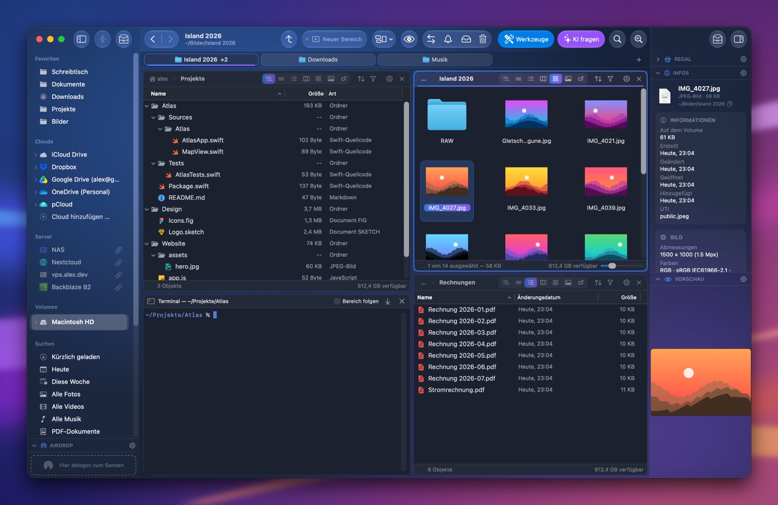 Ein Tab mit drei Bereichen und einem Terminal unter dem ersten: Alles zieht mit, wenn der Tab in ein anderes Fenster wechselt