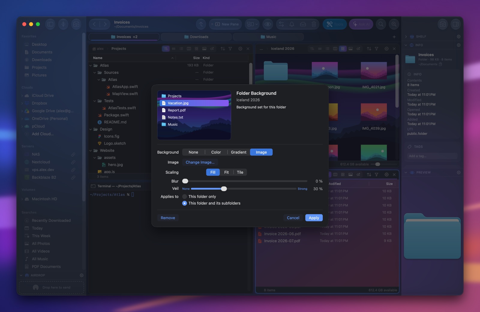 A folder shown with its own background picture