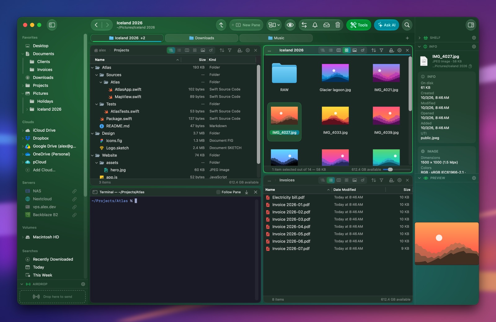 Folia Files with the Northern Lights theme (dark)