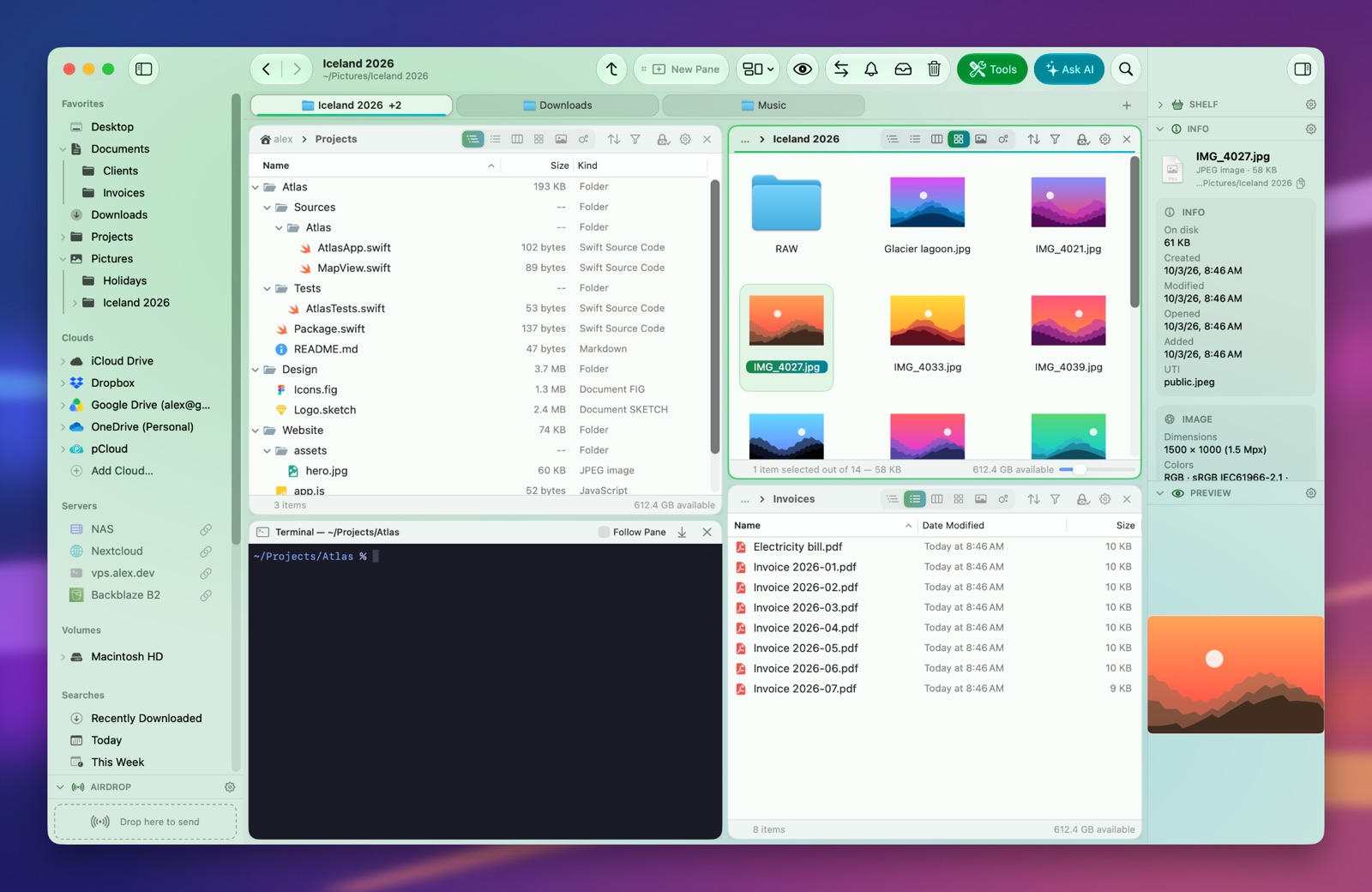 Folia Files with the Northern Lights theme (light)