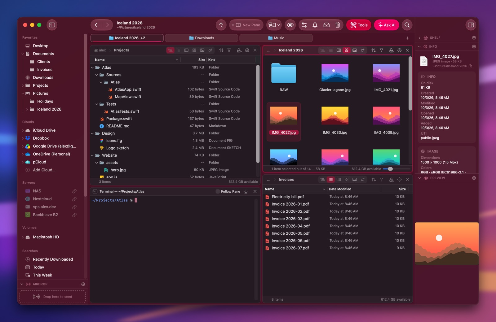 Folia Files with the Burgundy theme (dark)