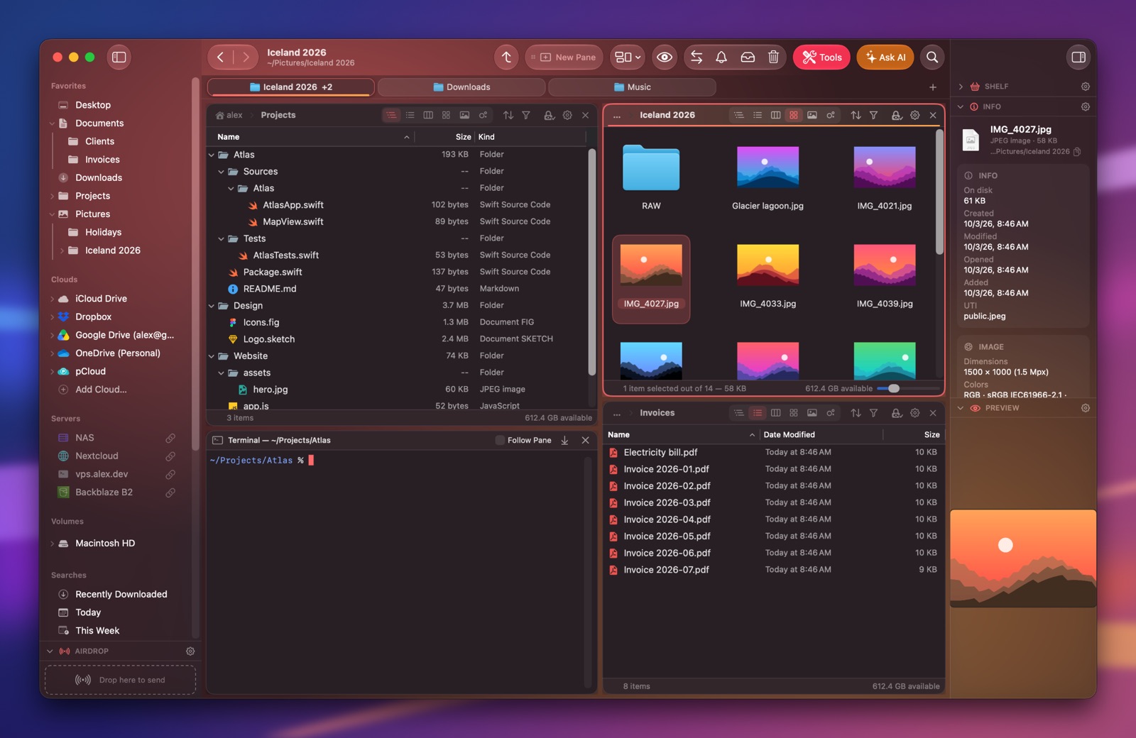 Folia Files with the Coral theme (dark)