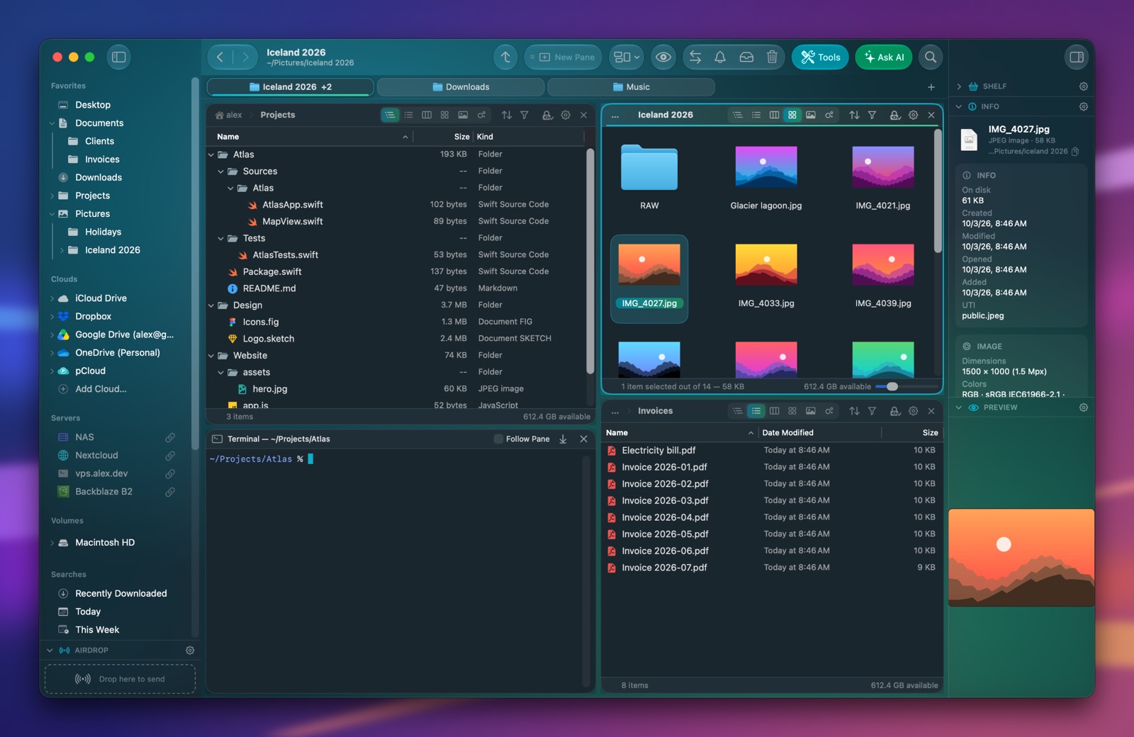 Folia Files with the Lagoon theme (dark)