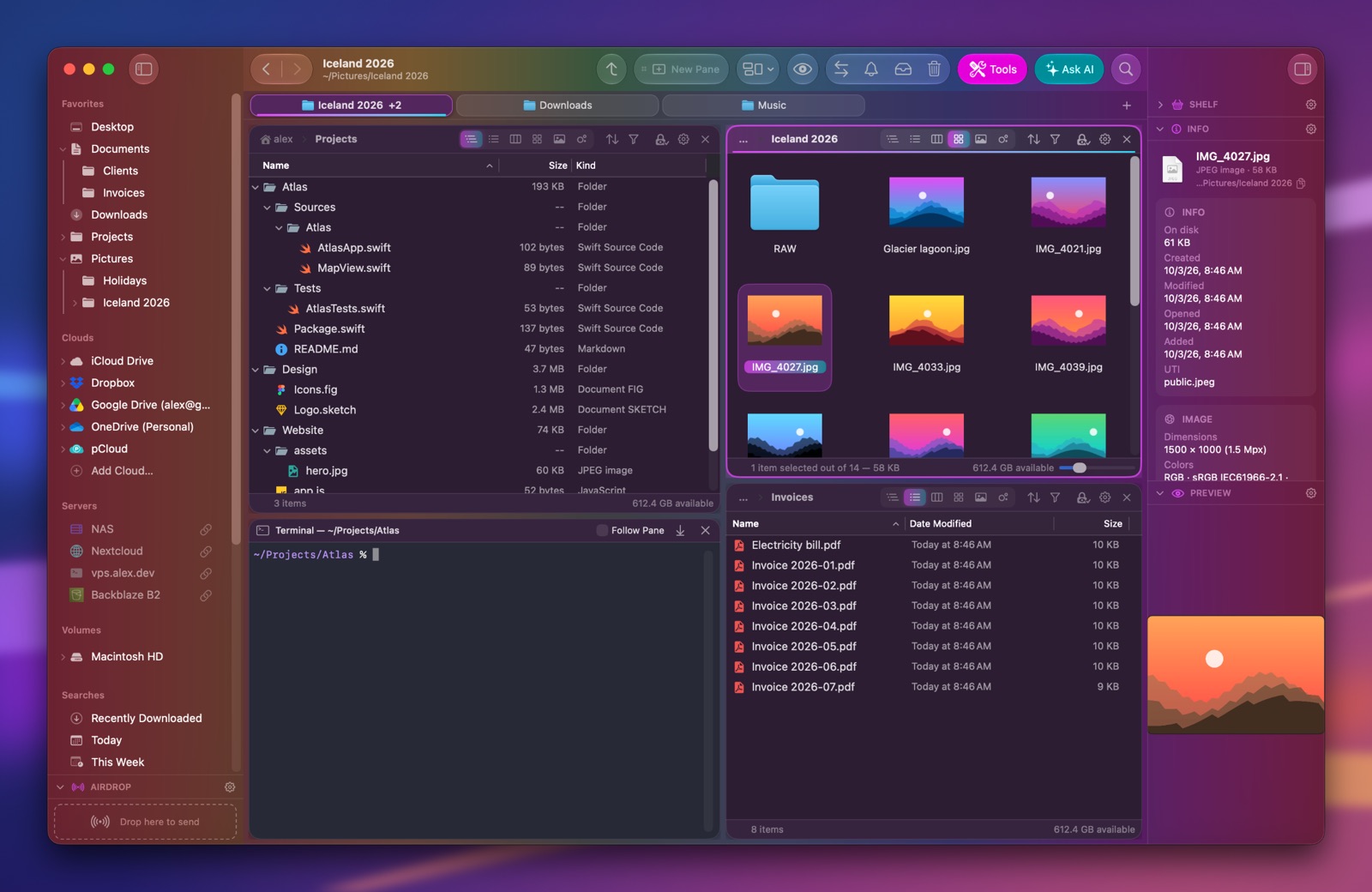 Folia Files with the Neon theme (dark)