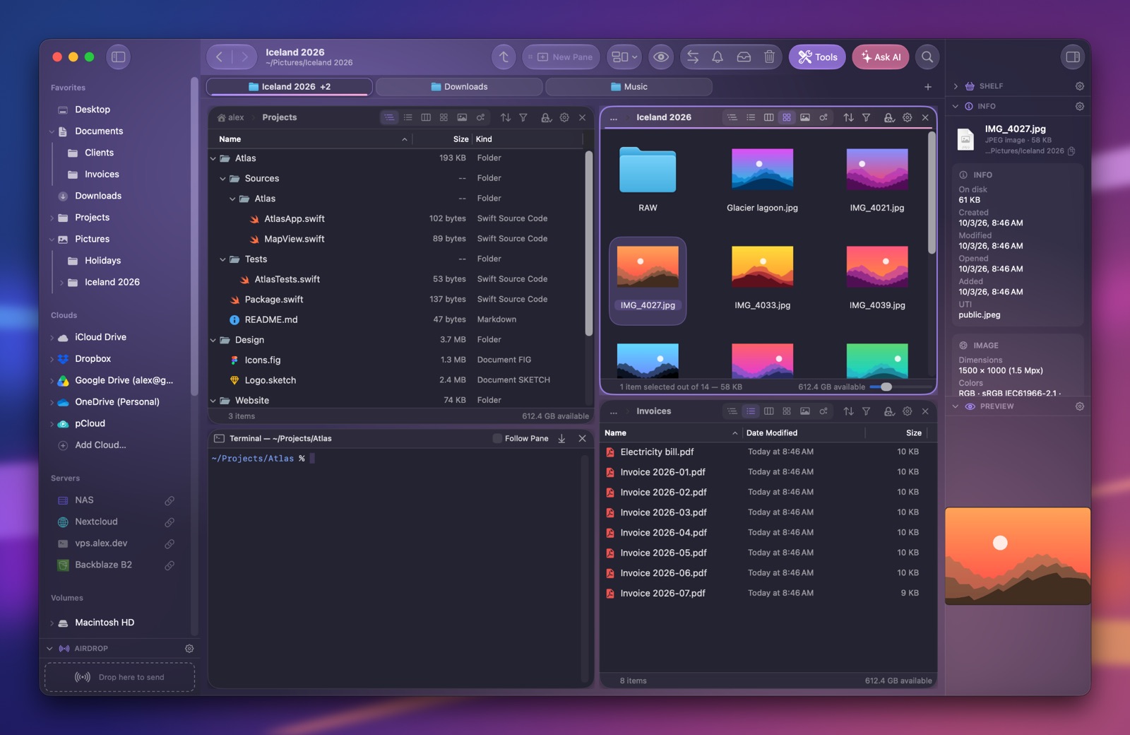 Folia Files with the Pastel theme (dark)