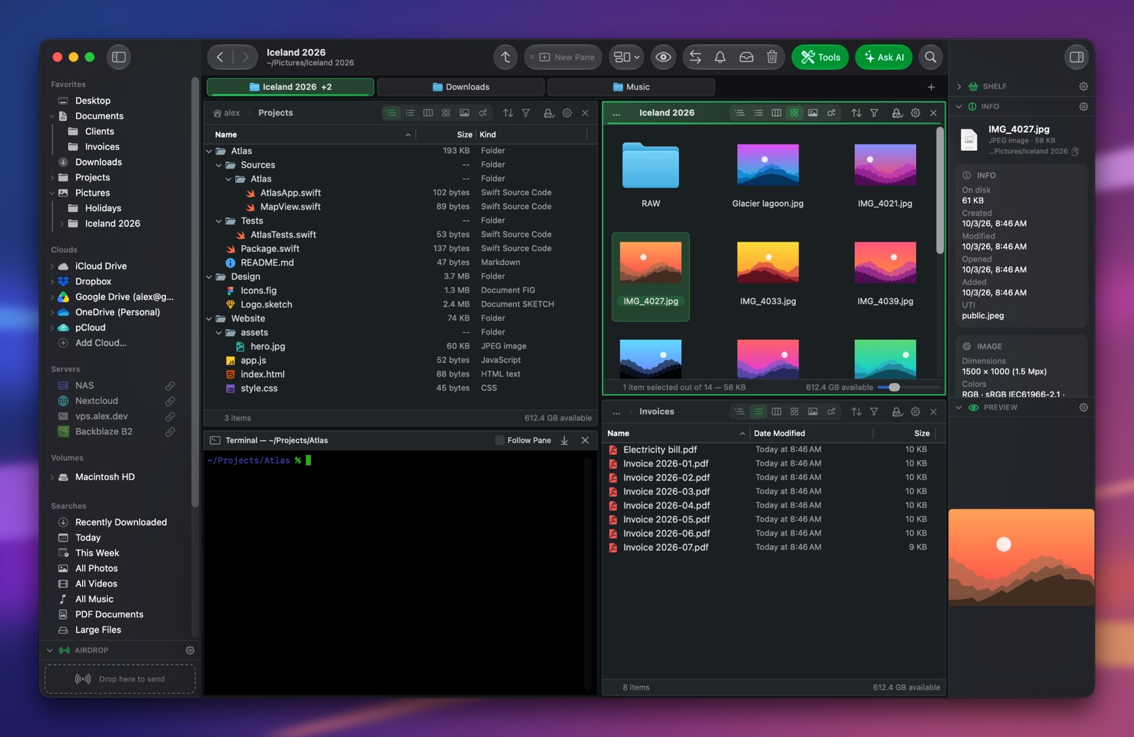 Folia Files with the Phosphor theme (dark)