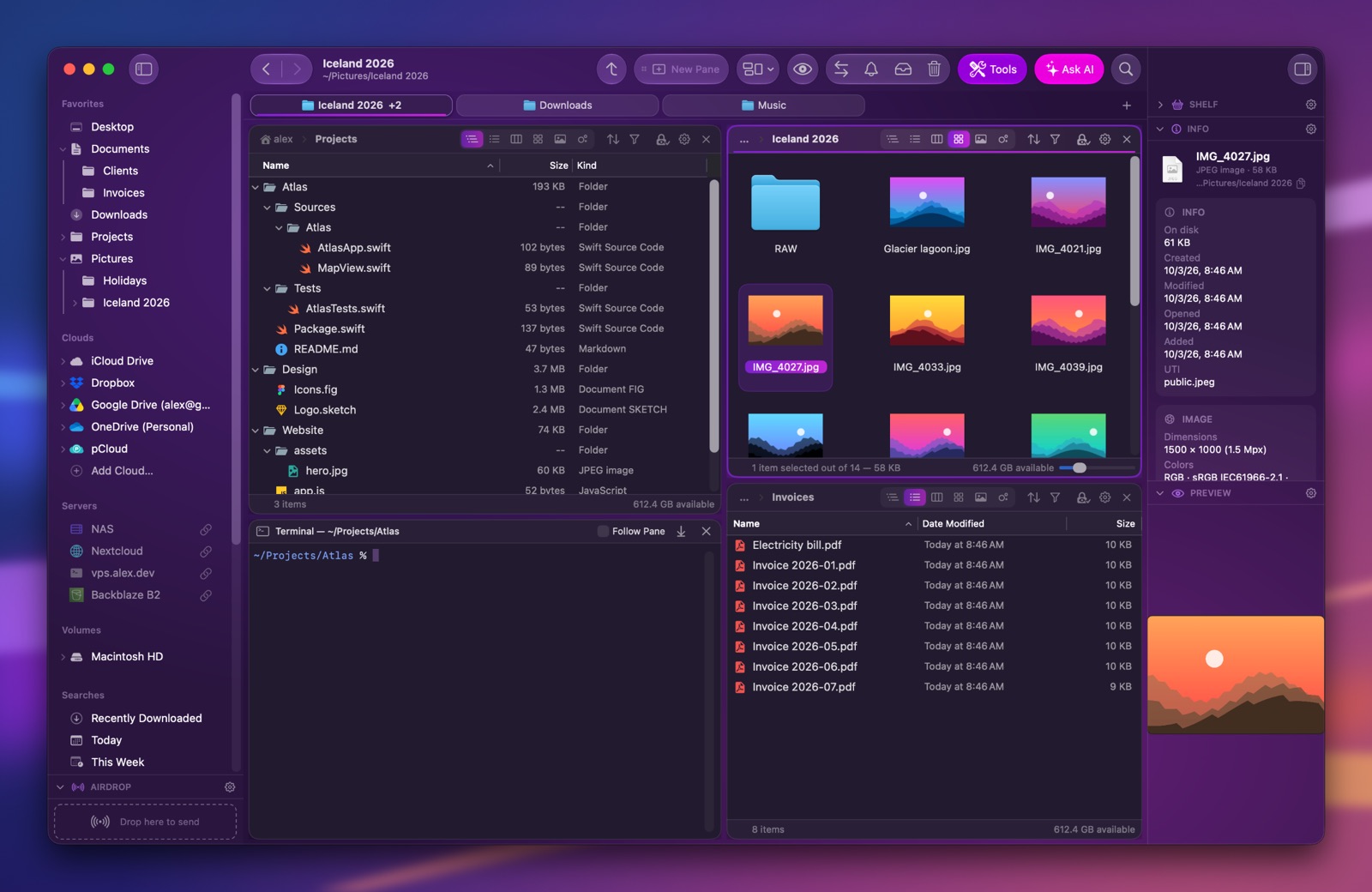 Folia Files with the Plum theme (dark)