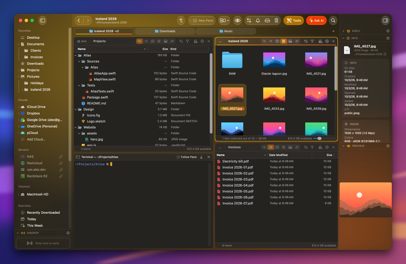 Folia Files with the Sunshine theme (dark)